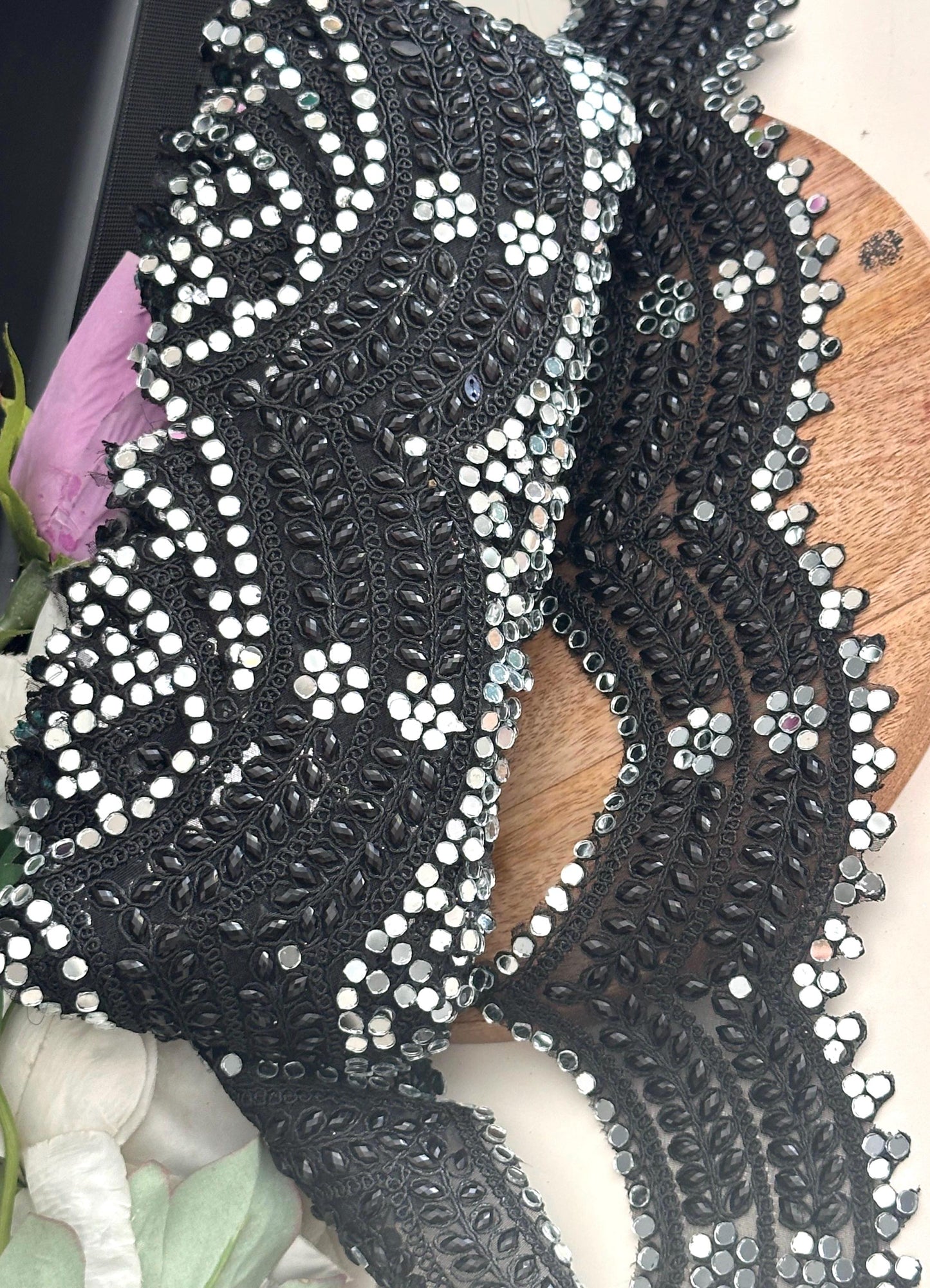 Broad Belt Black Beaded 8cm Scallop Mirror Trim Glamourous Indian Embroidered