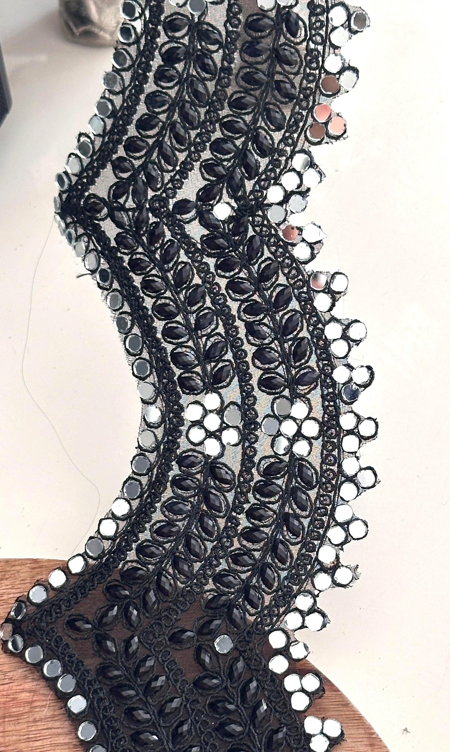 Broad Belt Black Beaded 8cm Scallop Mirror Trim Glamourous Indian Embroidered
