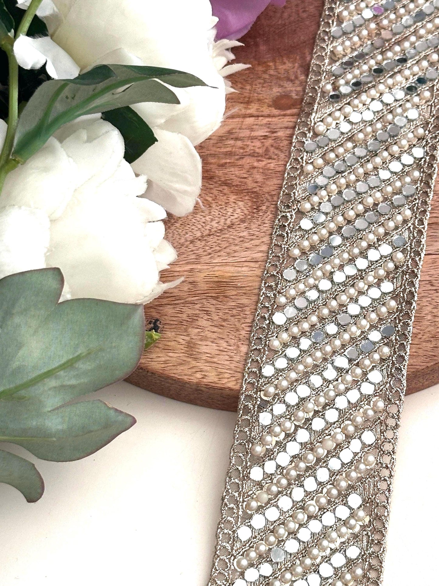 Beautiful Pearl Beaded Mirror Zari Trim Indian Embroidery Sari Border Embellished