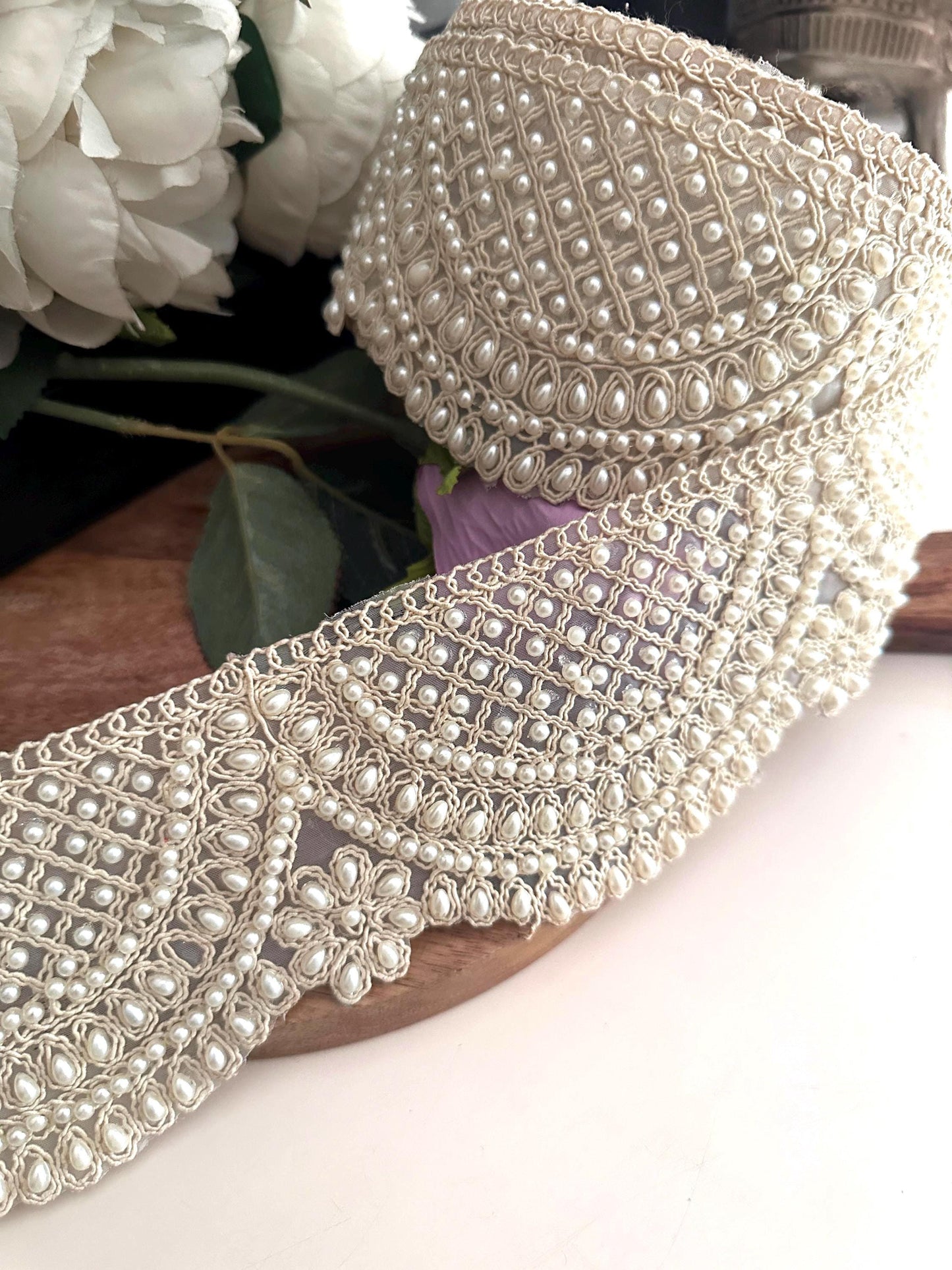 White Pearl Beaded Scallop Trim Broad Fabric Lace Bridal Sash For Wedding Veil Flower Girl Dress