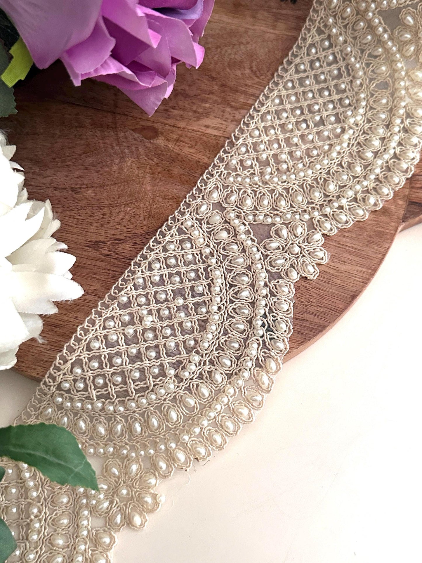 White Pearl Beaded Scallop Trim Broad Fabric Lace Bridal Sash For Wedding Veil Flower Girl Dress