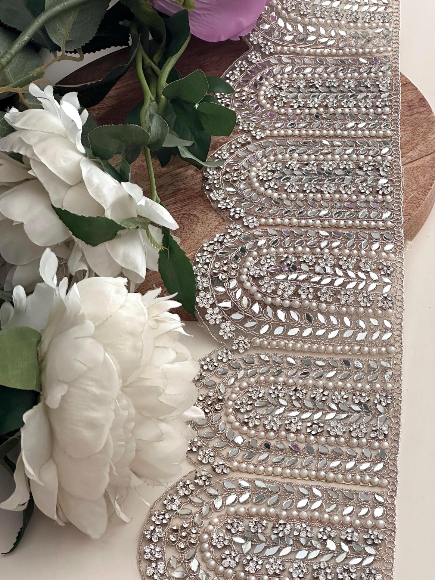 Indian Handmade Wedding Veil Border Lace with Pearl and Zircon Stone