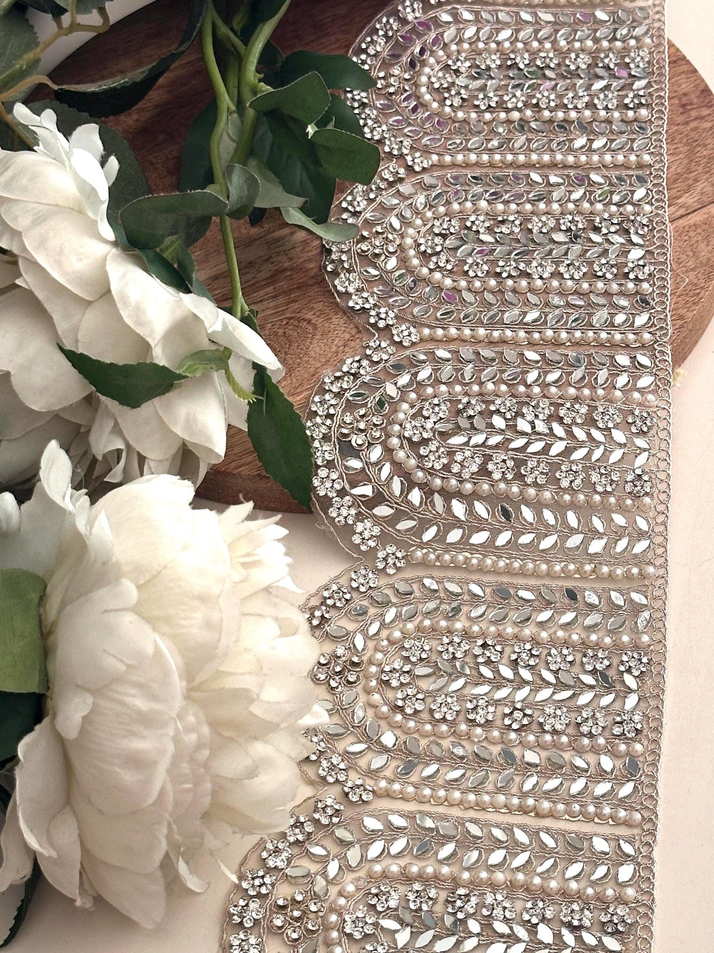Indian Handmade Wedding Veil Border Lace with Pearl and Zircon Stone