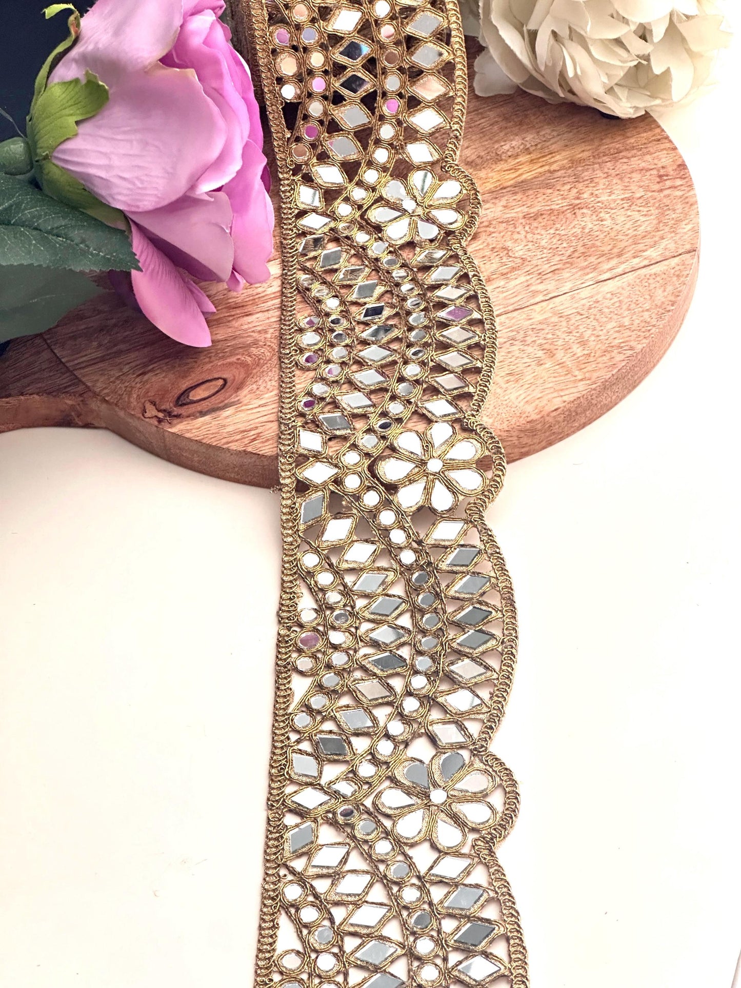 Broad Belt Dull Gold 7cm Scallop Mirror Trim Glamourous Indian Embroidered