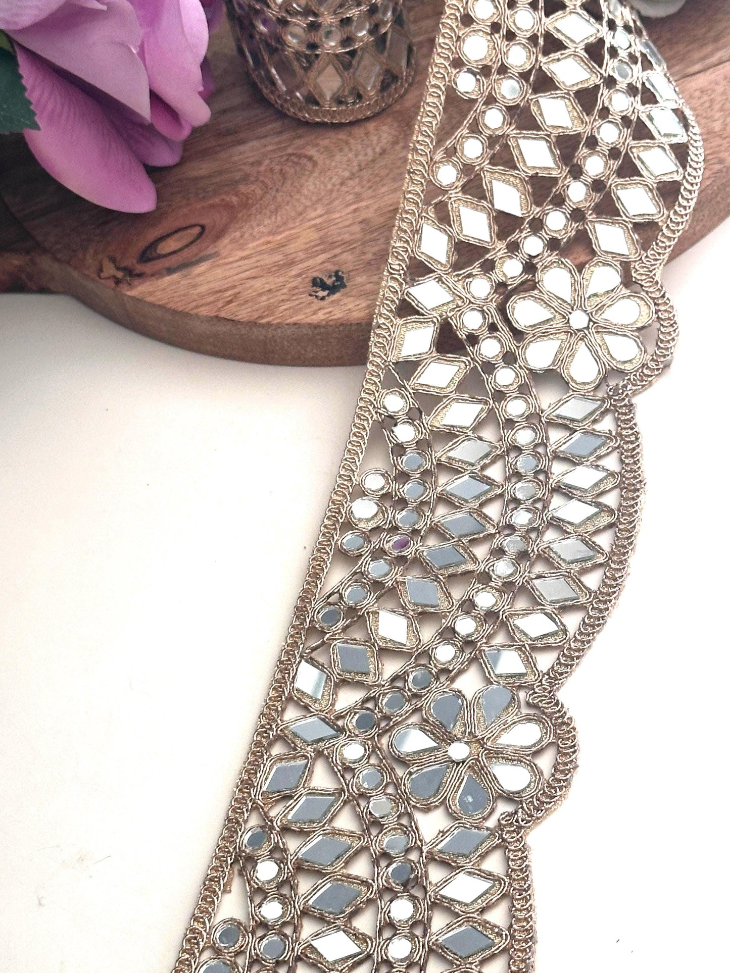 Broad Mirror Trim Rose Gold Scalloped Mirror belt 7cm Glamourous saree Border