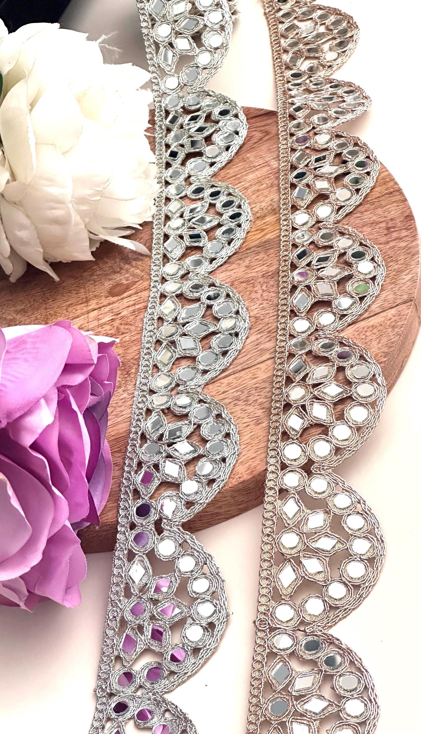 Indian Silver Mirror Work Border Scalloped Zari Mirror Trim Choker Band