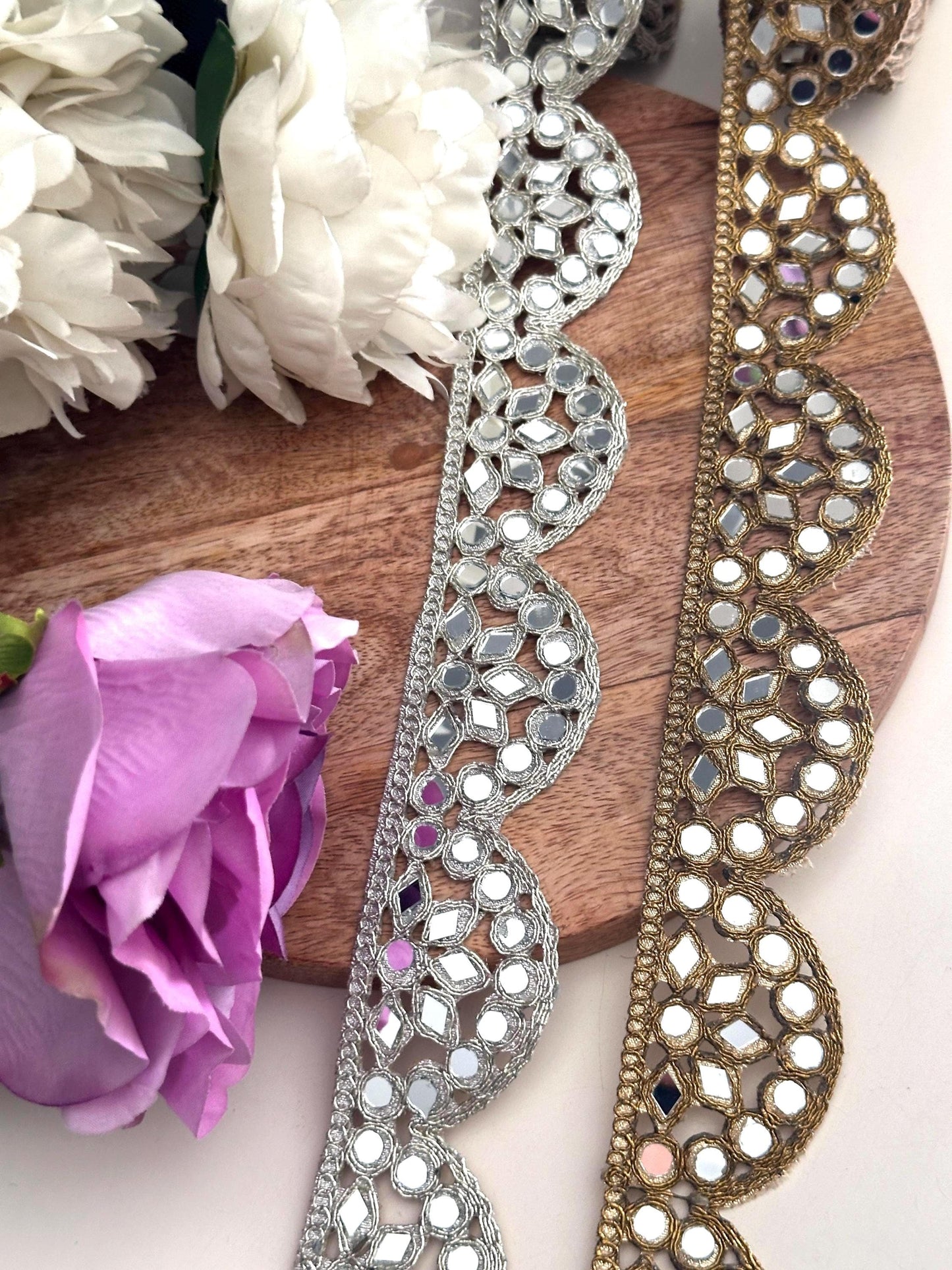Indian Silver Mirror Work Border Scalloped Zari Mirror Trim Choker Band