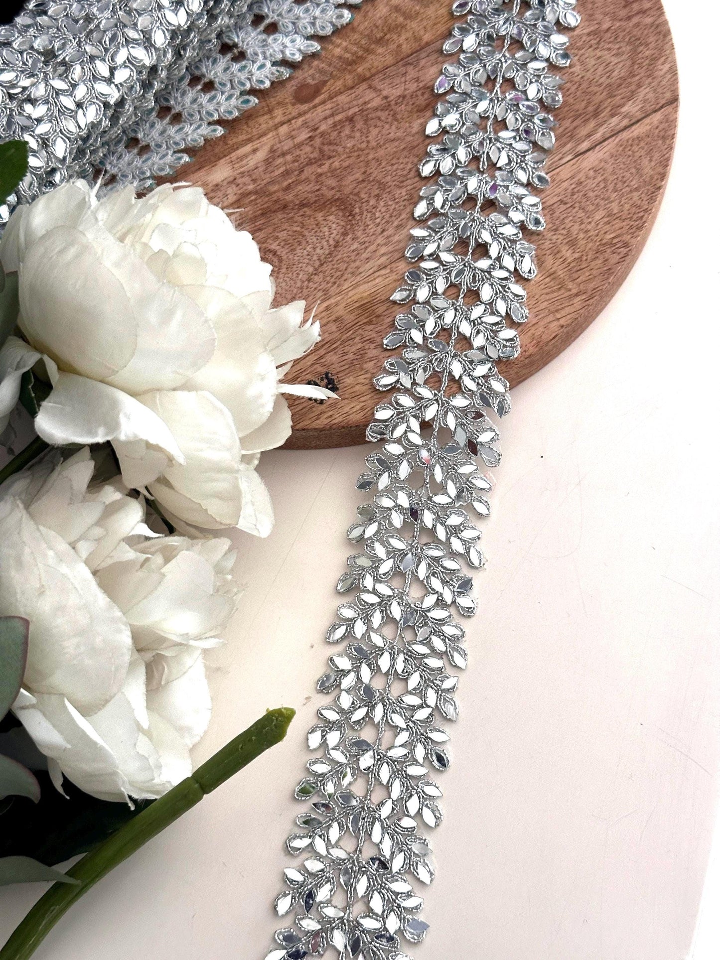 Cutwork Mirror Metallic Vine Border Indian Embroidery Saree Trim Silver Mirror