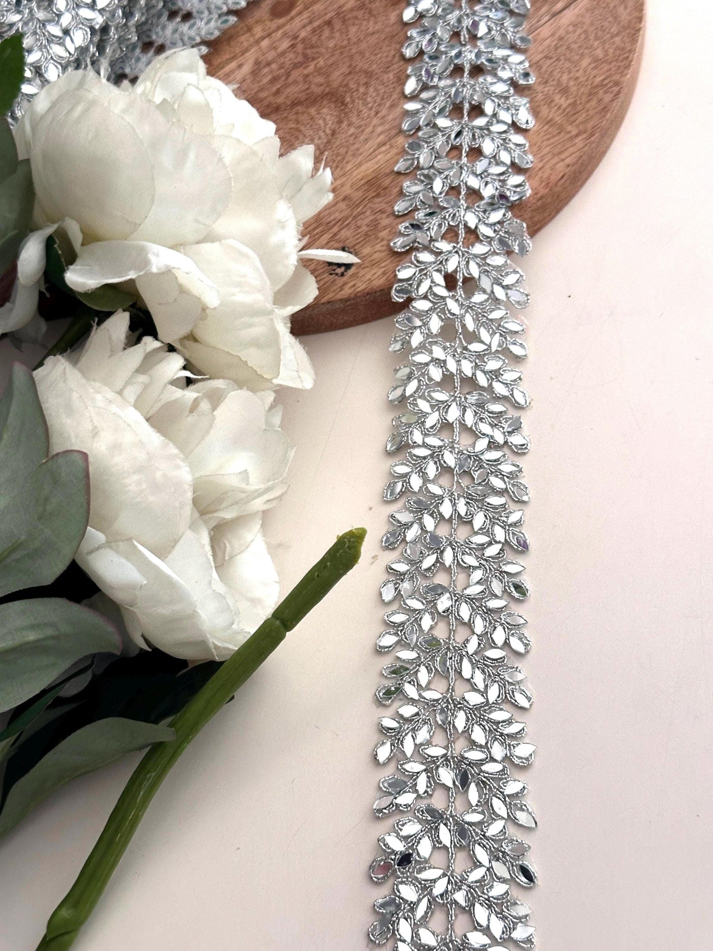 Cutwork Mirror Metallic Vine Border Indian Embroidery Saree Trim Silver Mirror