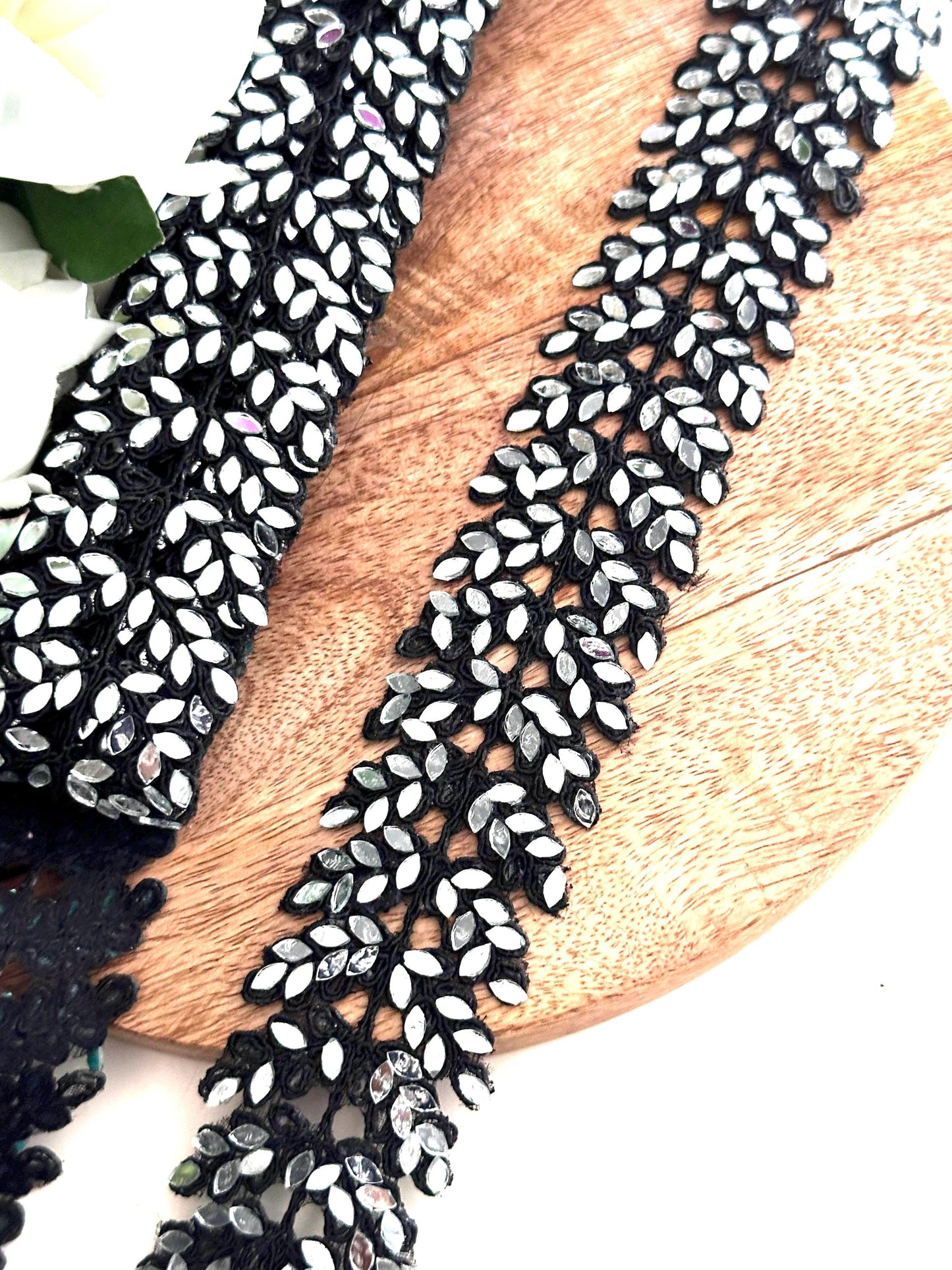 Gothic Black Real Mirror Cutwork Vine Border Saree Trim Indian Mirror Embroidery Lace