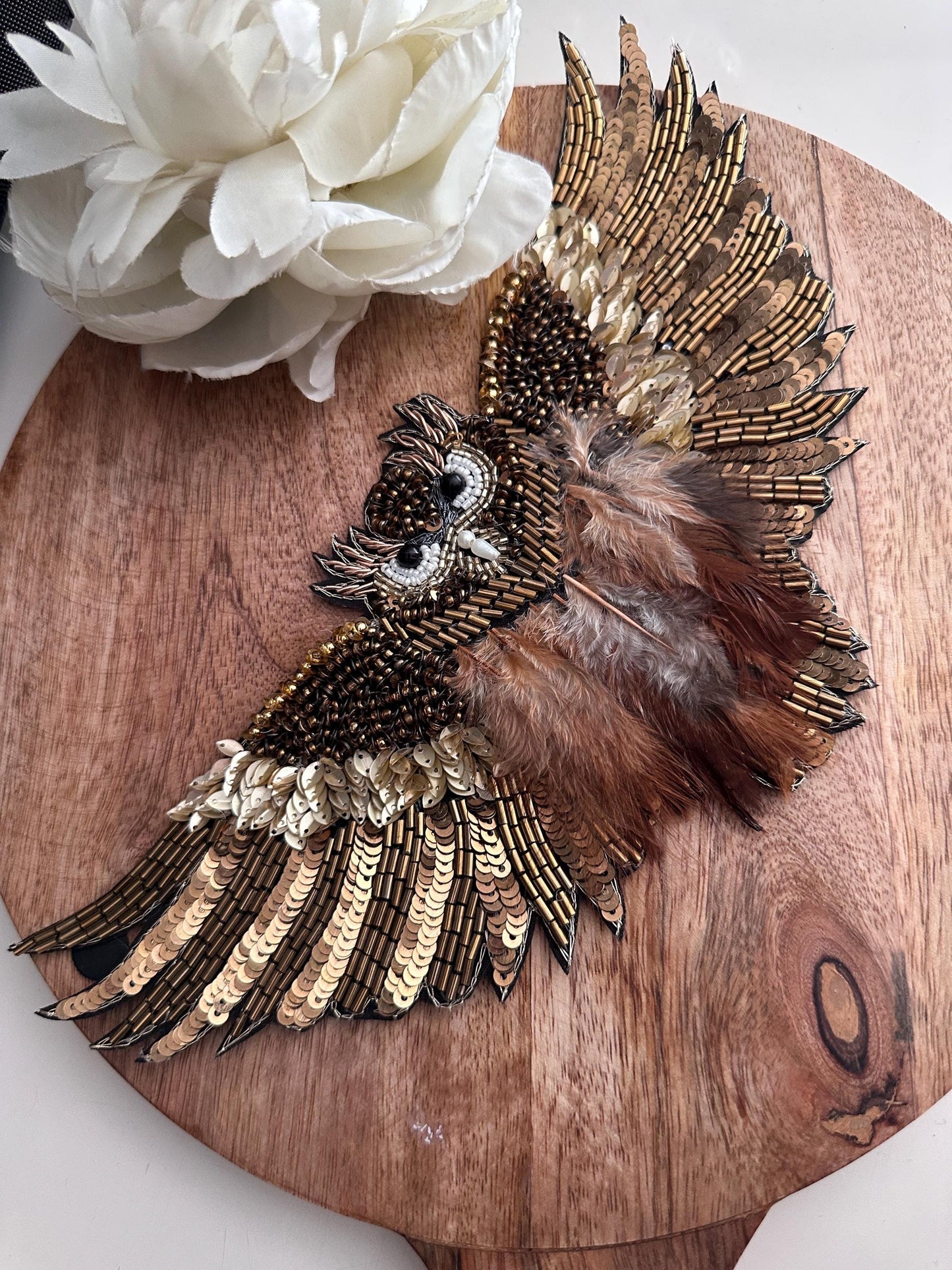 Owl Hand Embroidery Rhinestone Patch Feather Applique Beaded Bird Patch