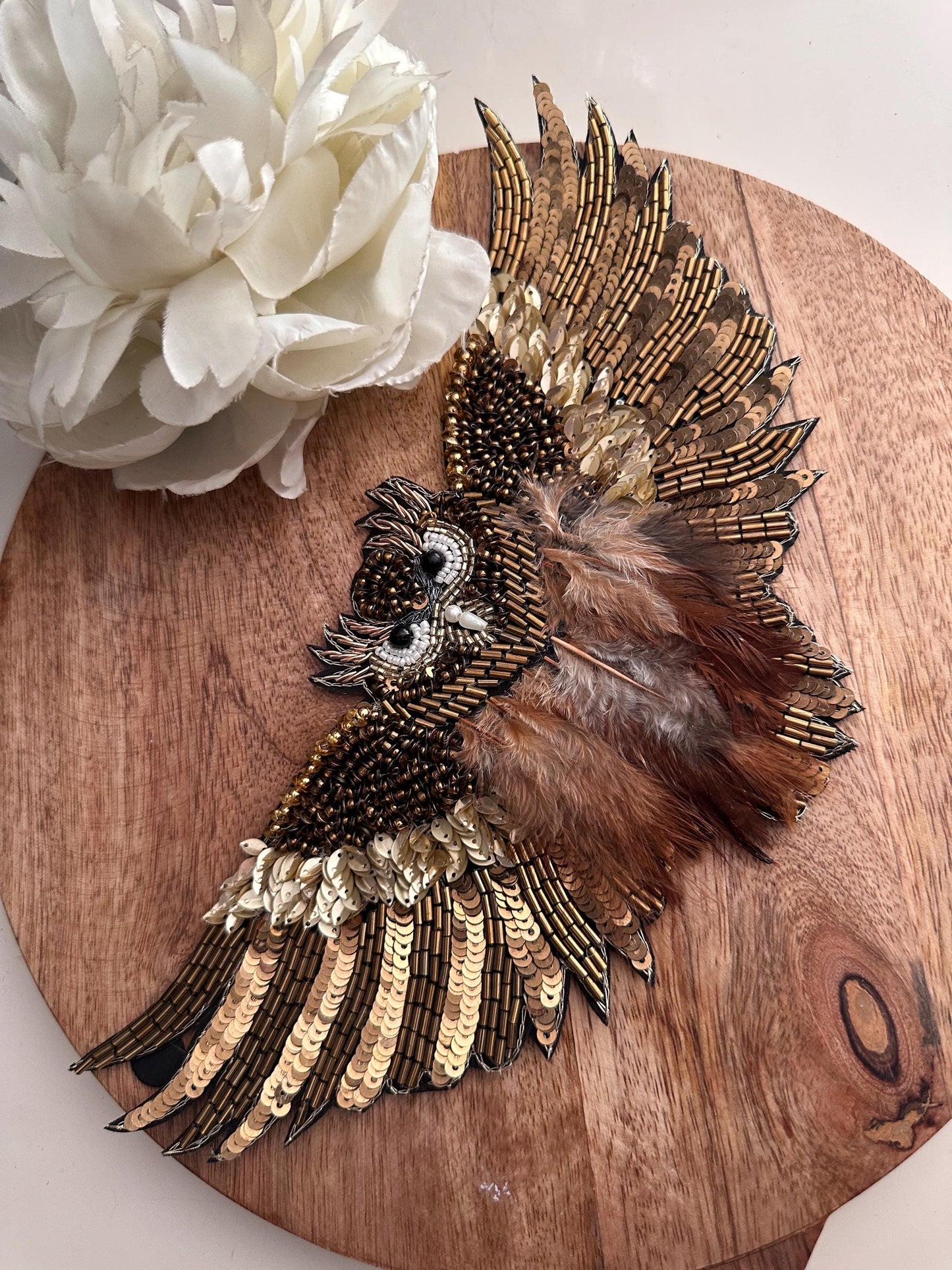 Owl Hand Embroidery Rhinestone Patch Feather Applique Beaded Bird Patch