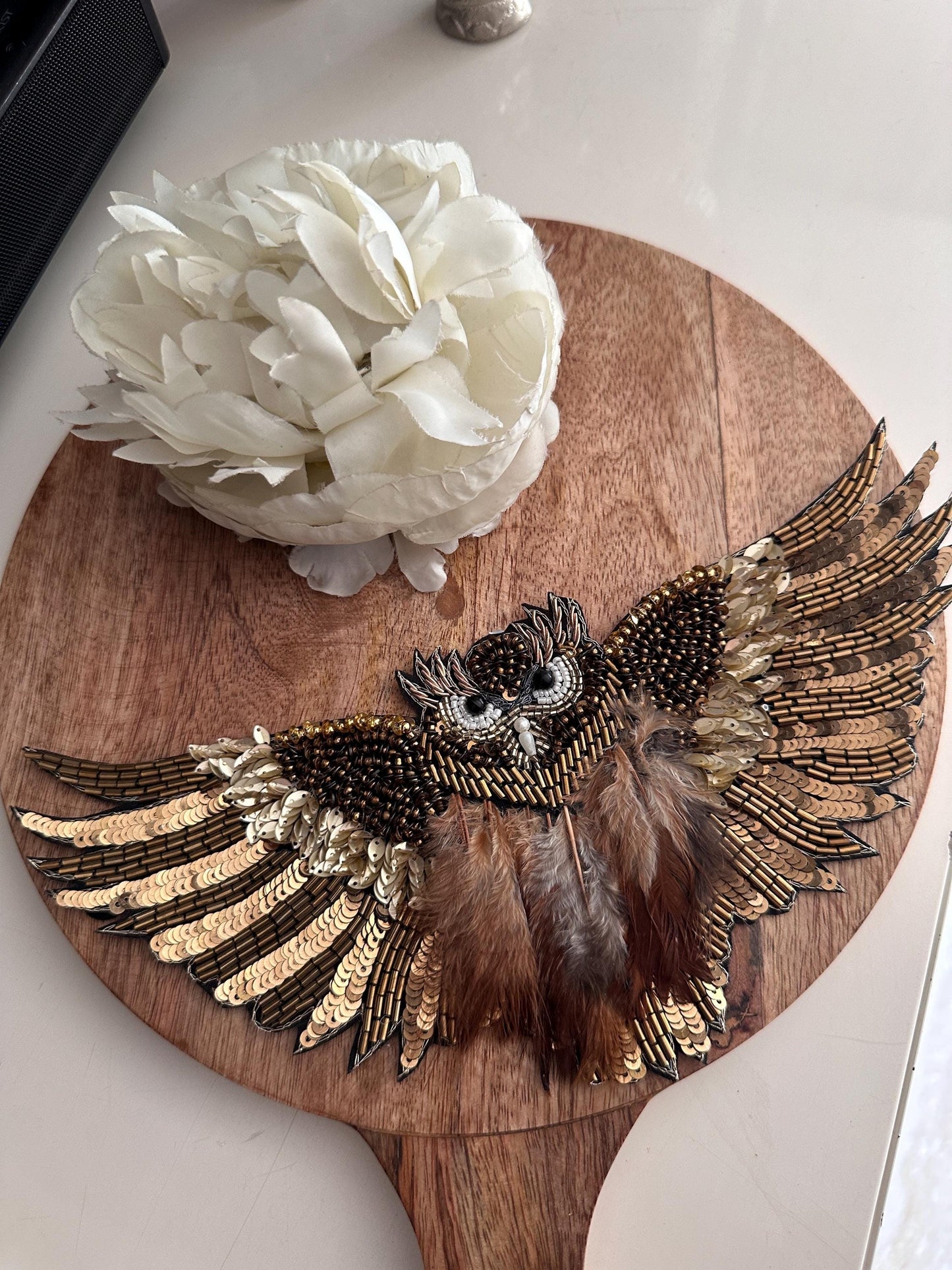 Owl Hand Embroidery Rhinestone Patch Feather Applique Beaded Bird Patch