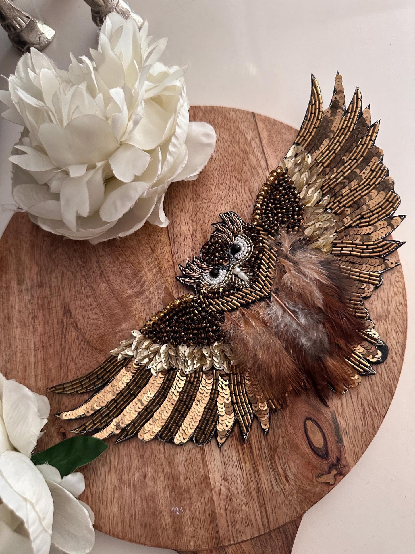 Owl Hand Embroidery Rhinestone Patch Feather Applique Beaded Bird Patch
