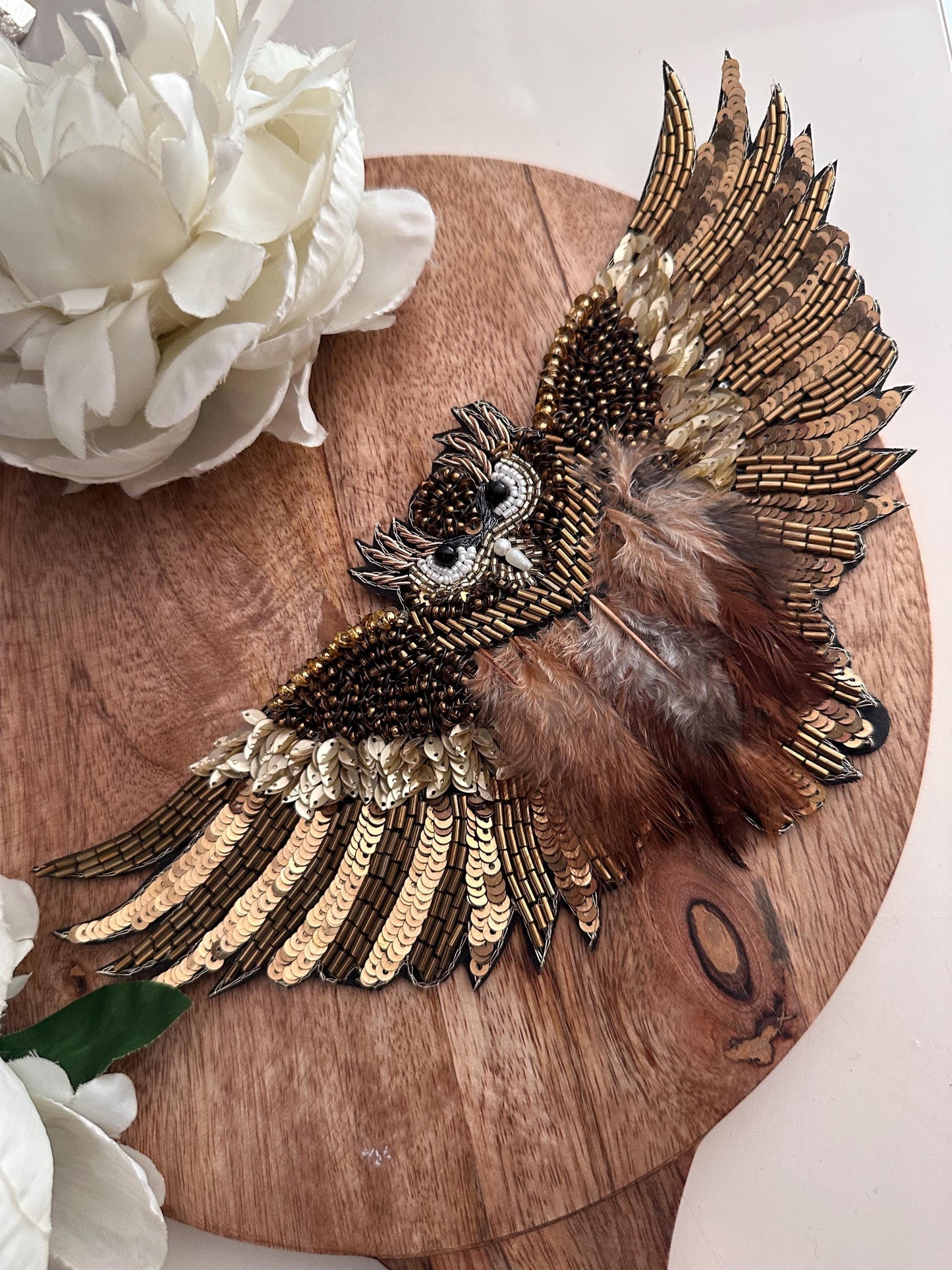 Owl Hand Embroidery Rhinestone Patch Feather Applique Beaded Bird Patch
