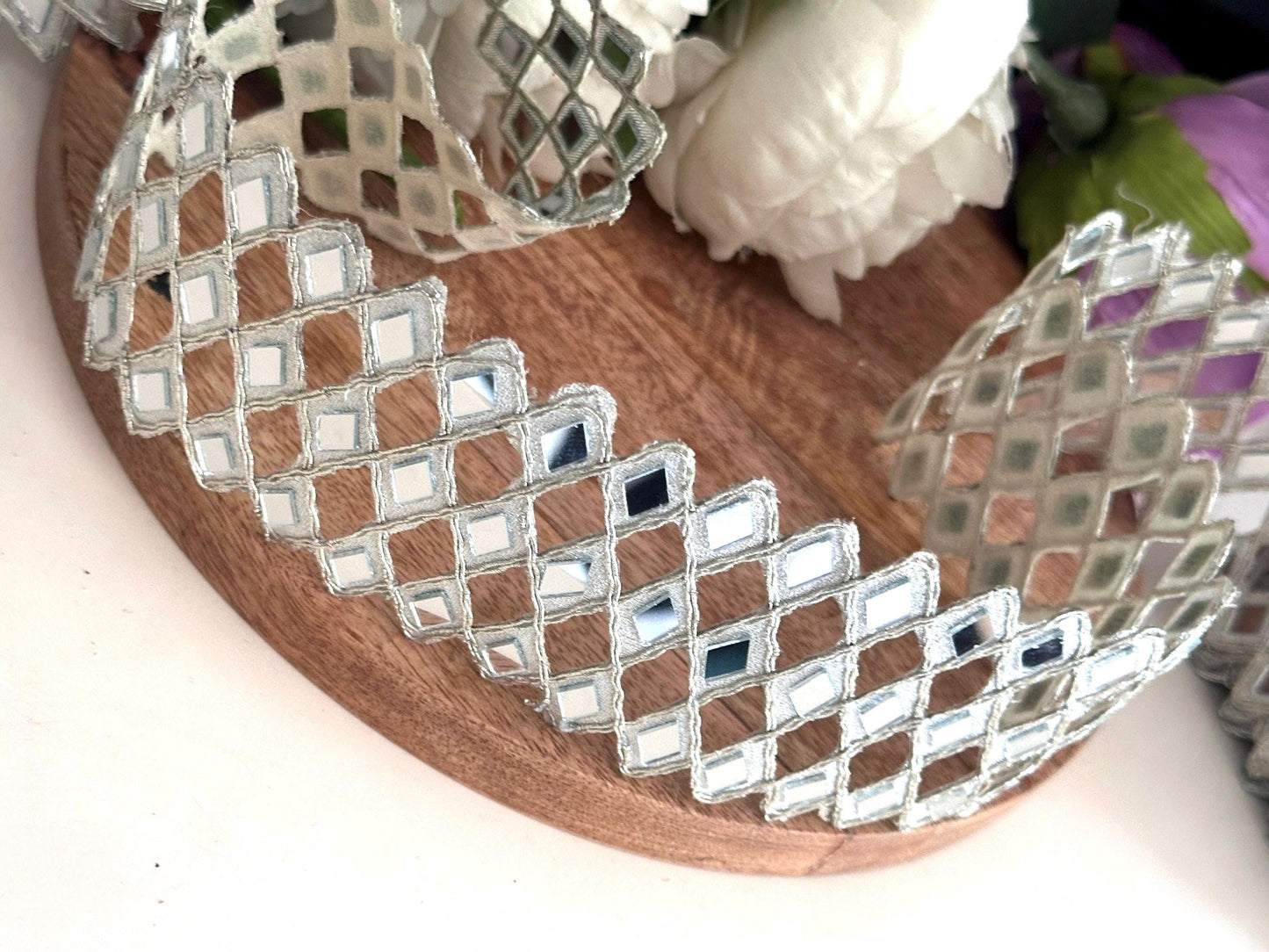 Indian Belt Hand Crafted 3 Line Silver Mirror Border Geometric Pattern Trim