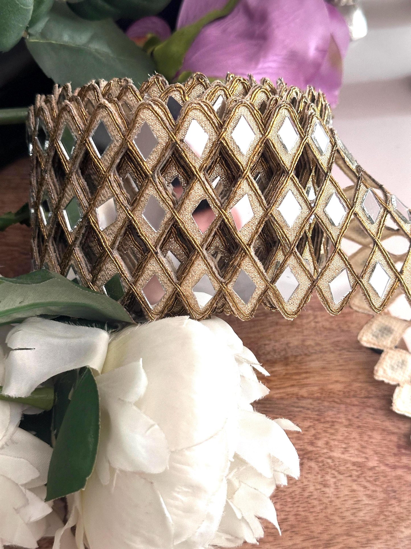 Mirror Indian Hand Crafted Border Gold Zari Mirror Belt 6cm Wide For Dresses Weddng Wear