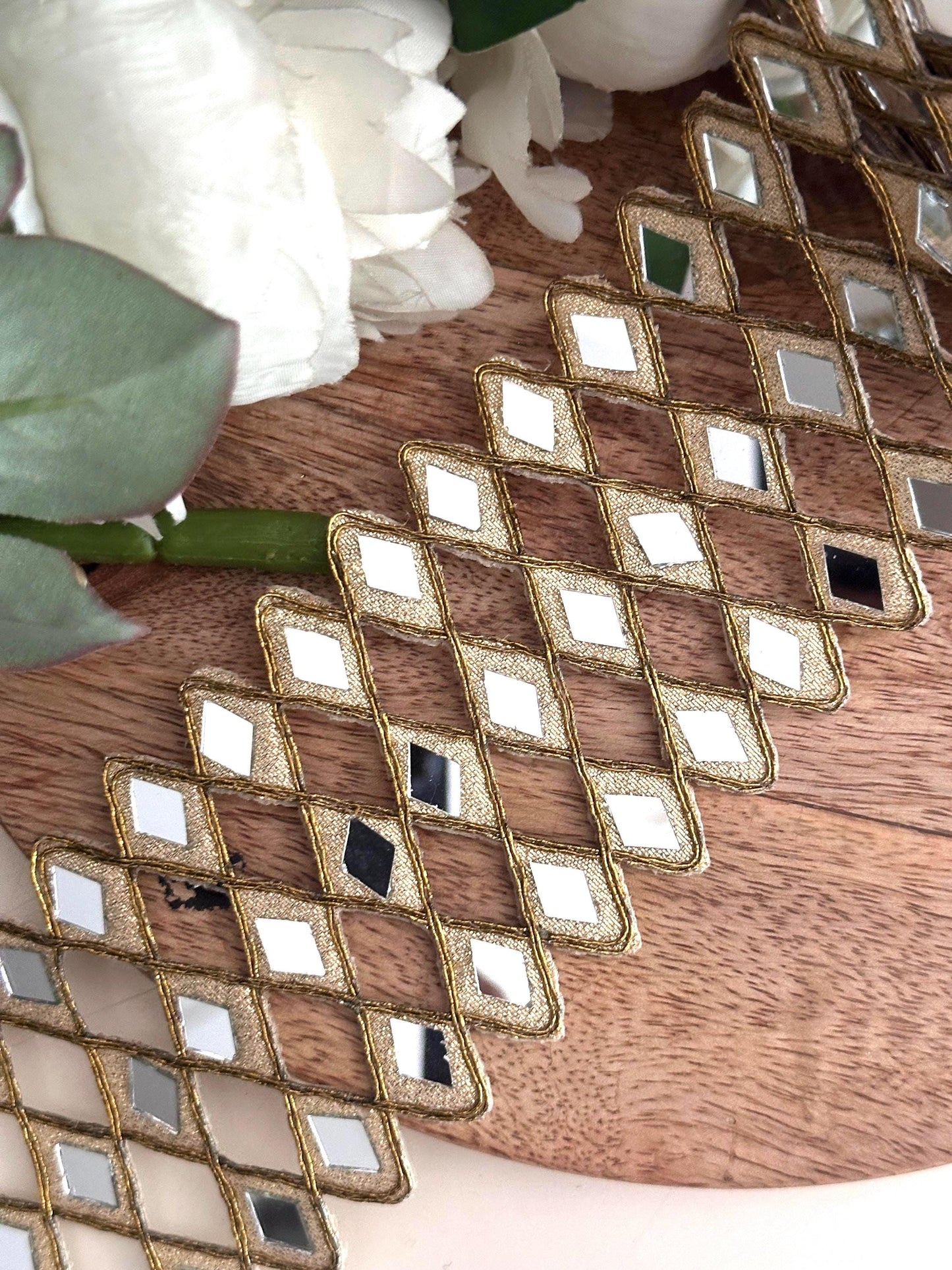 Mirror Indian Hand Crafted Border Gold Zari Mirror Belt 6cm Wide For Dresses Weddng Wear