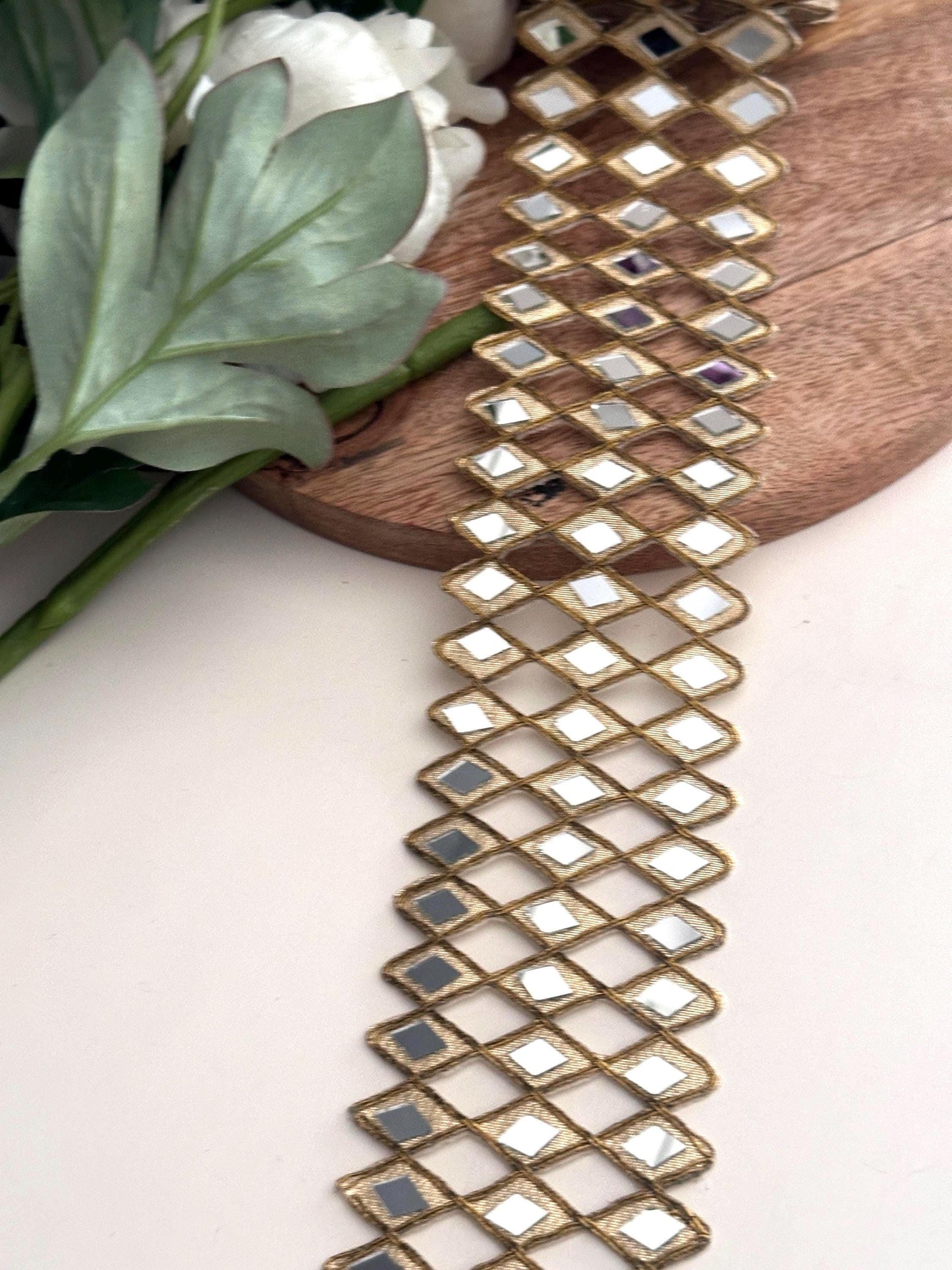 Mirror Indian Hand Crafted Border Gold Zari Mirror Belt 6cm Wide For Dresses Weddng Wear