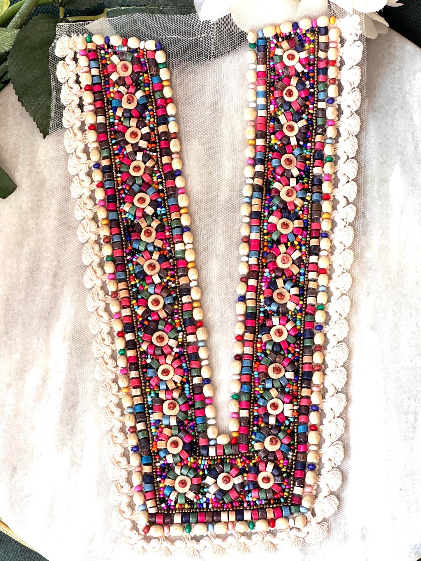 Neckline Patch Applique Colourful Boho Dress Wooden Bead Work Patch