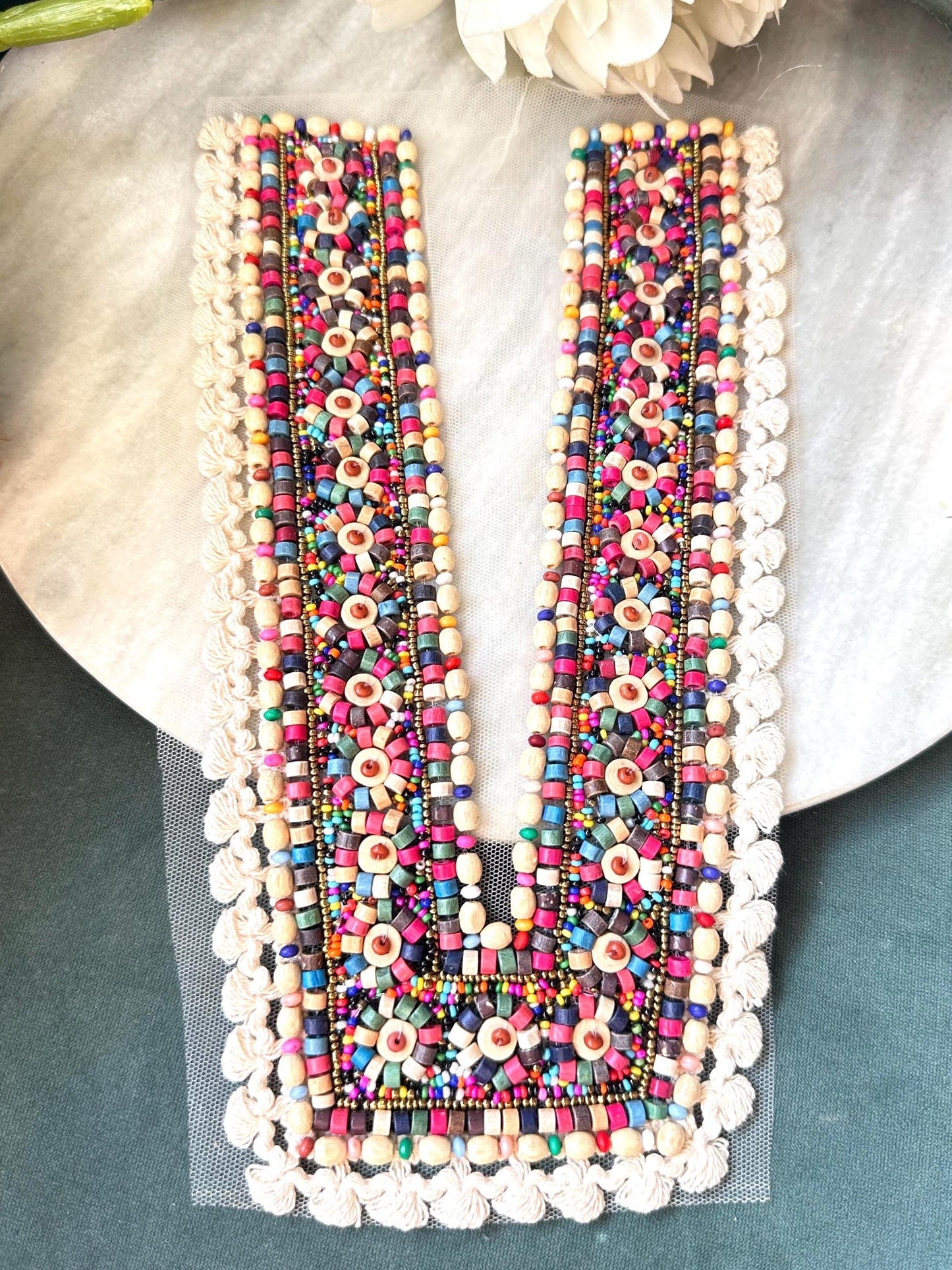 Neckline Patch Applique Colourful Boho Dress Wooden Bead Work Patch