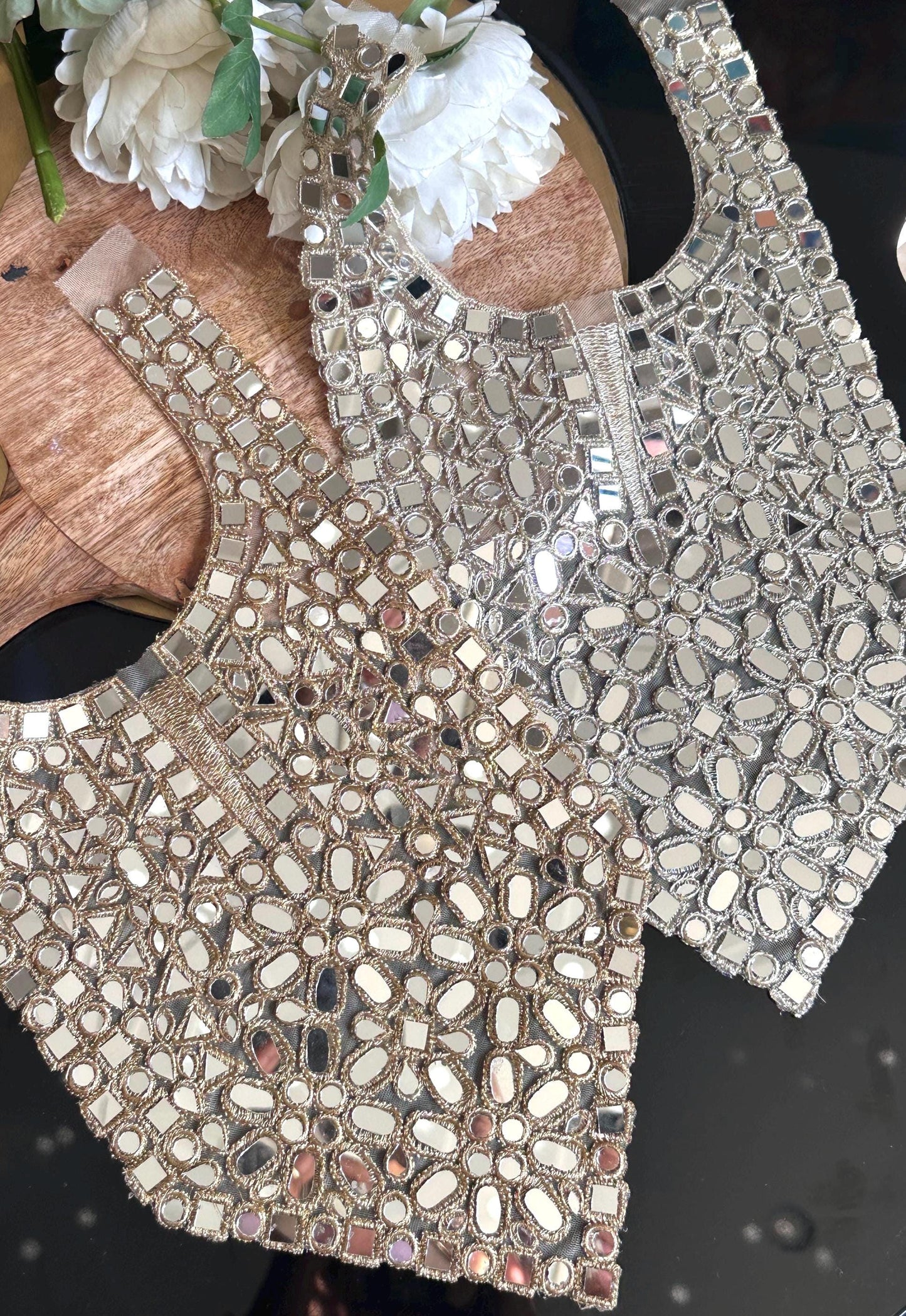 Sew-on applique with mirror detailing for wedding and festive dresses