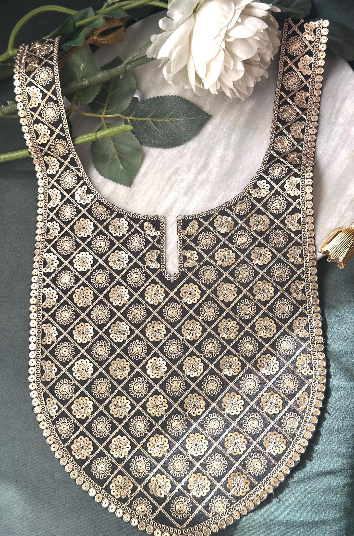 Handmade Gold Embellishment Floral Neckline Collar Design Applique Neckline Trim