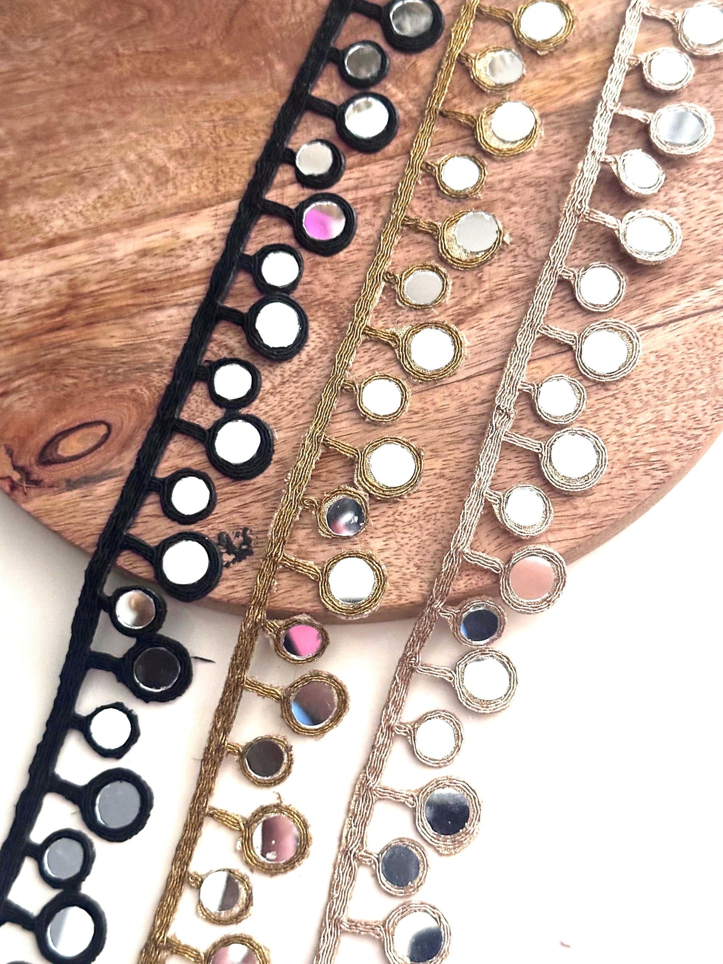 Black Round Mirror Trim Indian Sari Border Craft Supply DIY Jewelry Embellishment Border