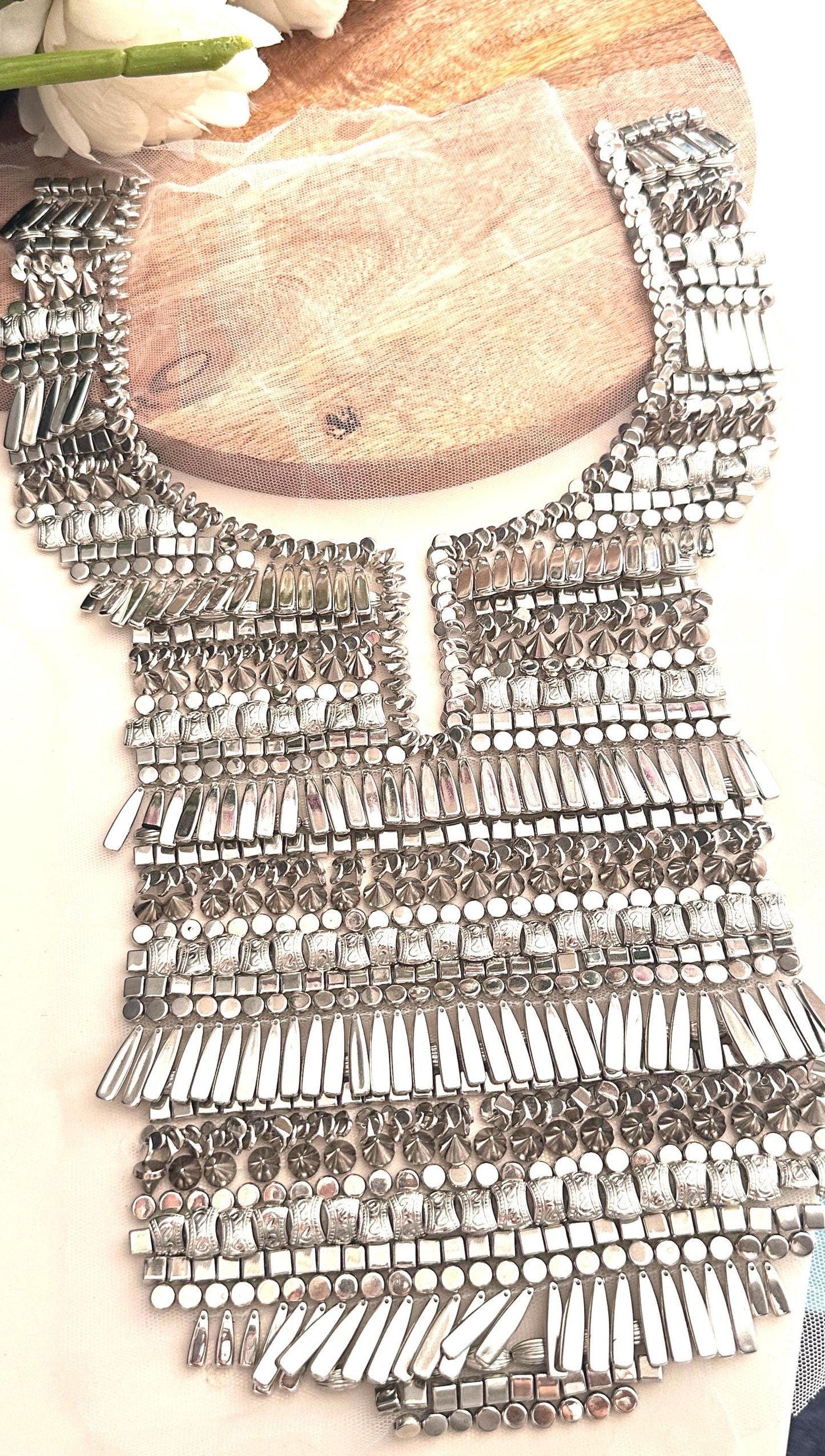 Elegant wedding necklace with antique mirror accents.
