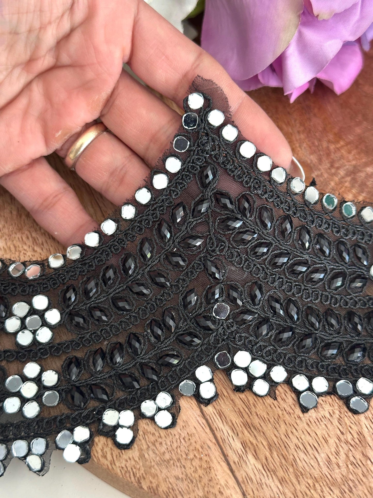 Broad Belt Black Beaded 8cm Scallop Mirror Trim Glamourous Indian Embroidered