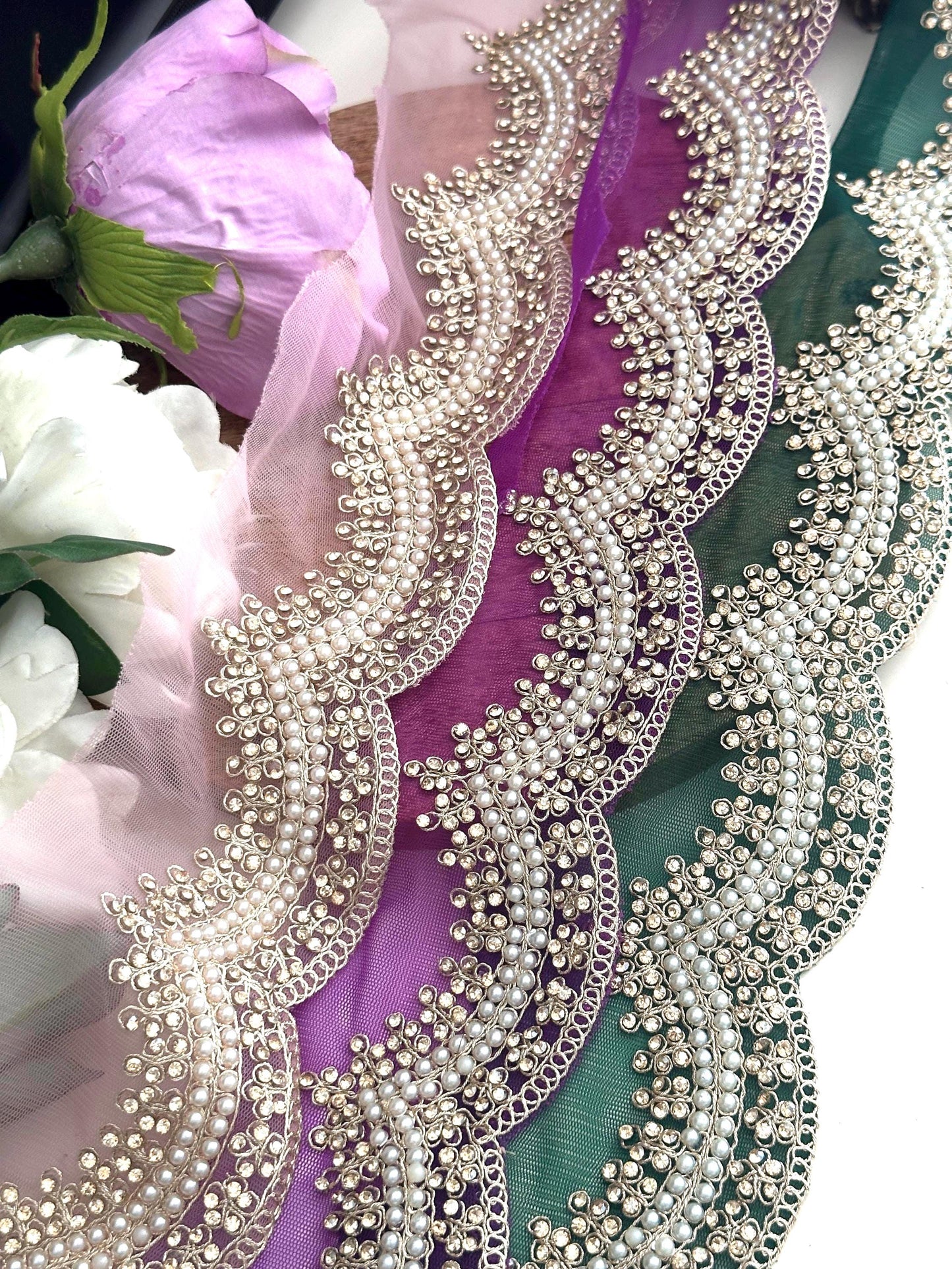 Beautiful Pearl Beaded Zircon Scalloped Tule Lace Sari Border Embellished Wedding Veil Trim