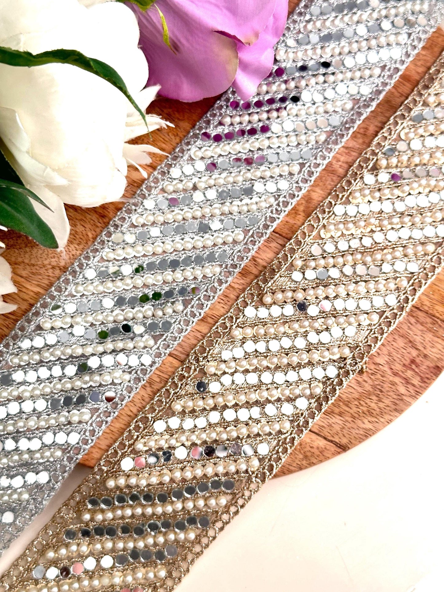 Beautiful Pearl Beaded Mirror Zari Trim Indian Embroidery Sari Border Embellished