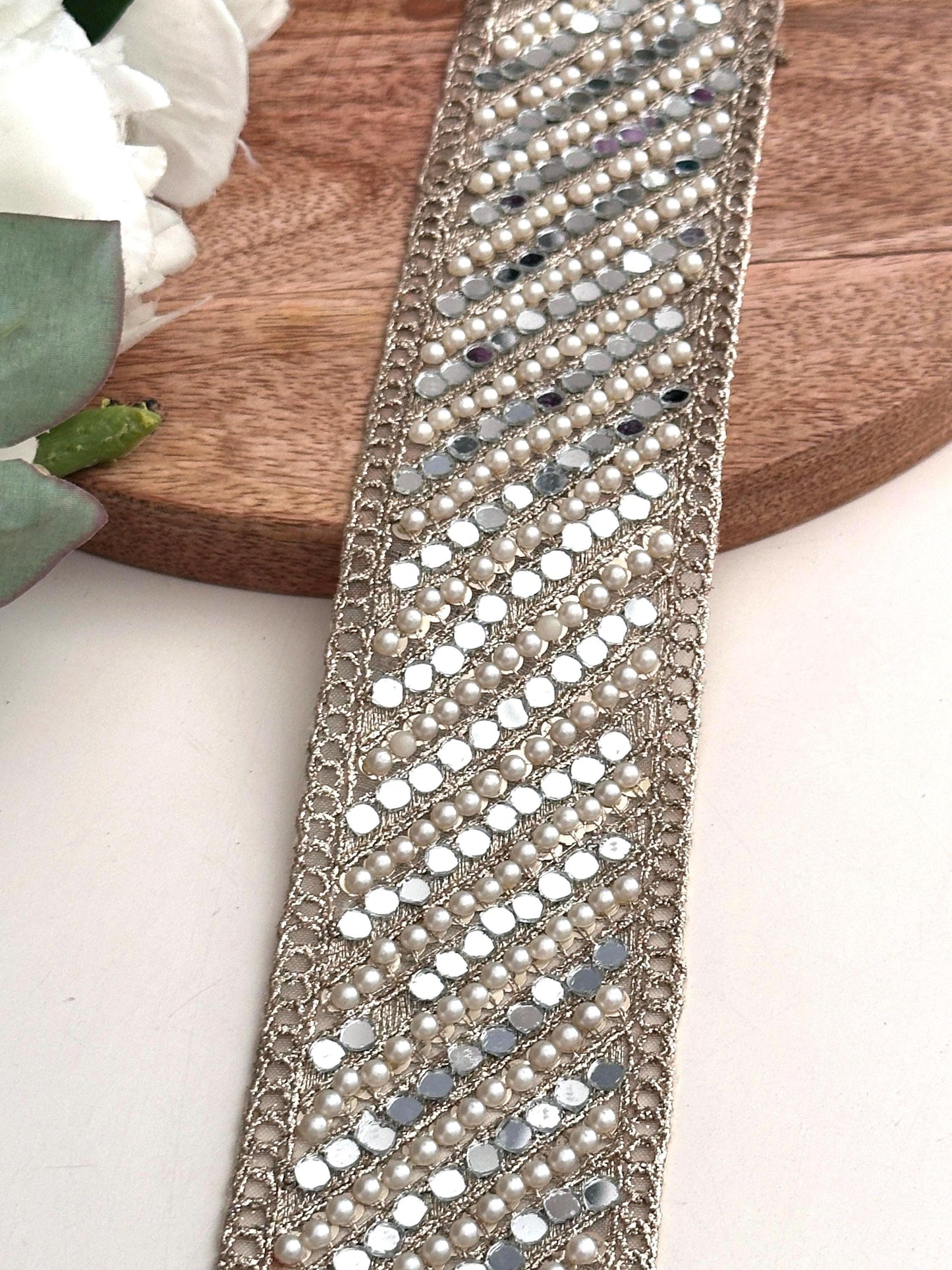 Beautiful Pearl Beaded Mirror Zari Trim Indian Embroidery Sari Border Embellished