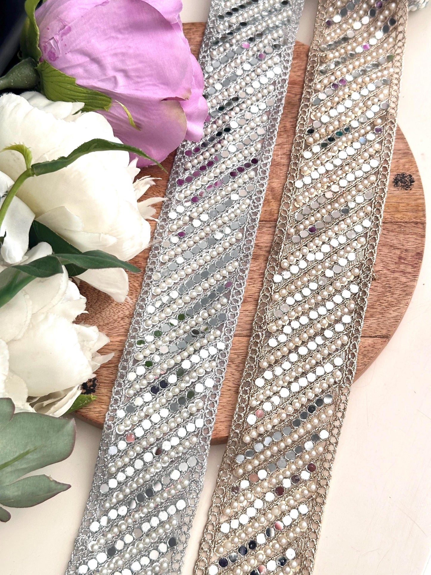 Beautiful Pearl Beaded Mirror Zari Trim Indian Embroidery Sari Border Embellished
