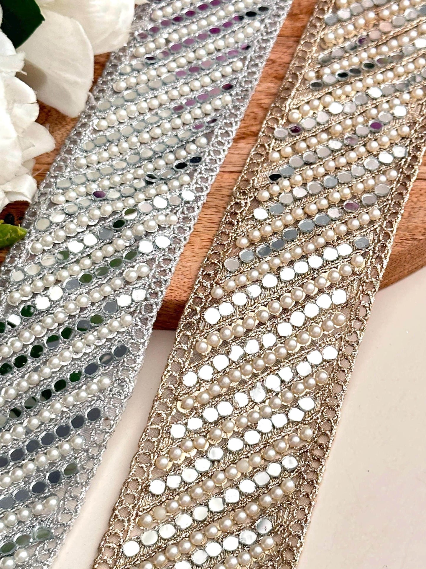 Beautiful Pearl Beaded Mirror Zari Trim Indian Embroidery Sari Border Embellished