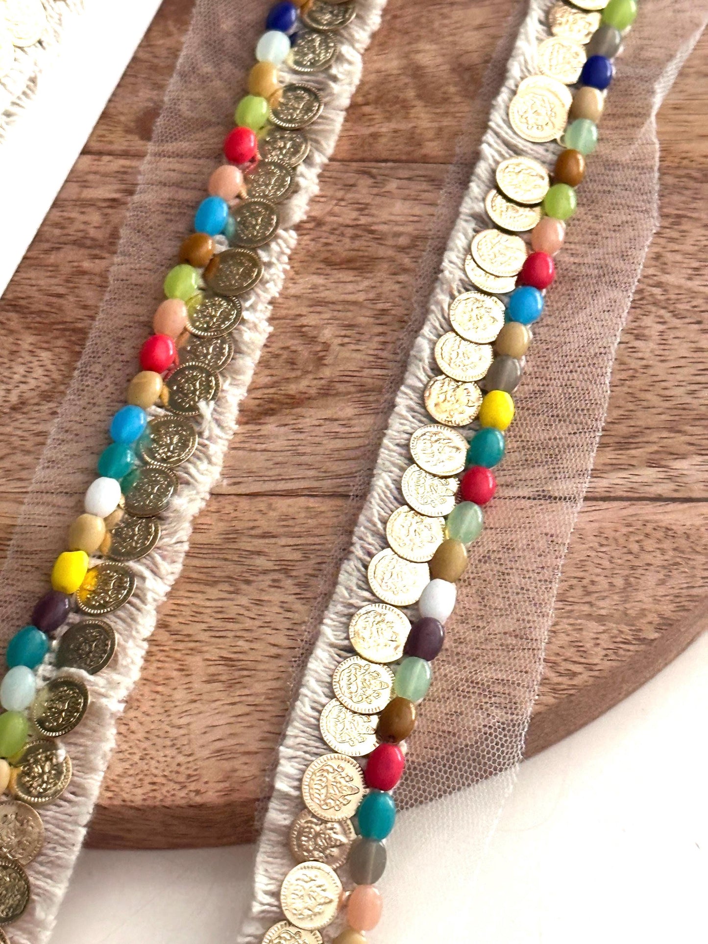 Coin & Colorful Bead Trim Handcrafted Boho Fringe with Sheer Mesh Costume cotton tassel