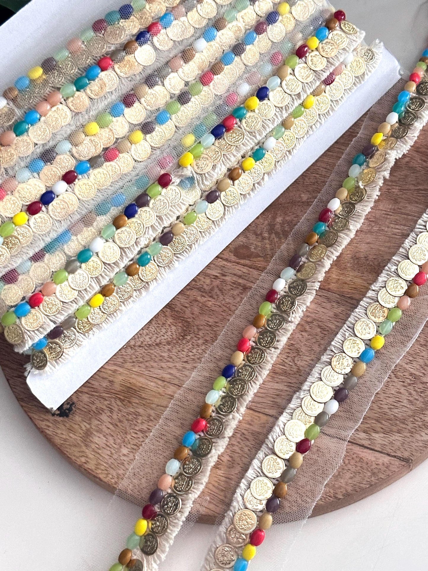 Coin & Colorful Bead Trim Handcrafted Boho Fringe with Sheer Mesh Costume cotton tassel