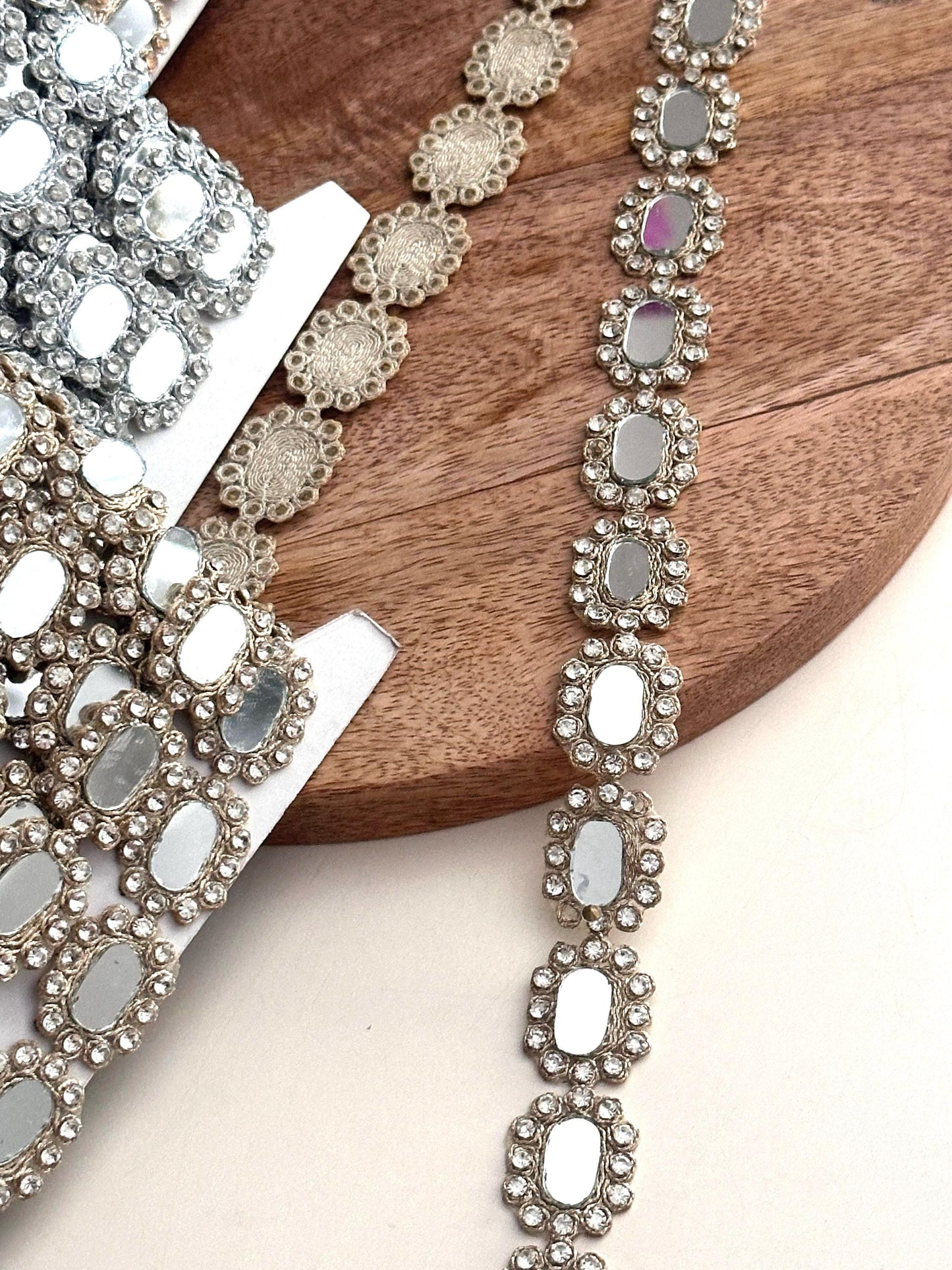 Oval Mirror Rhinestone Trim Lace Handcrafted Silver Gold Embellished Border Bridal Trim