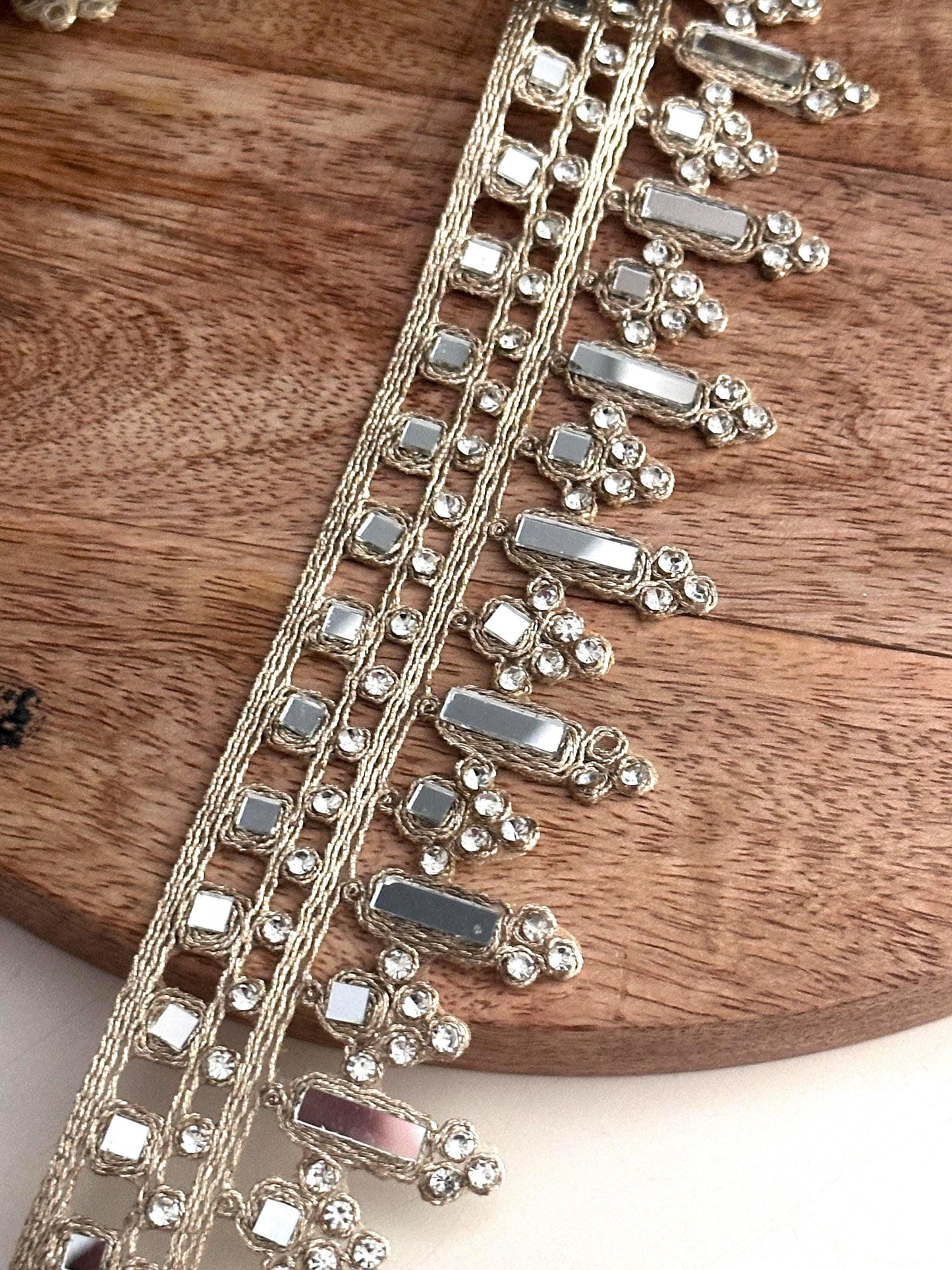 Geometric Mirrored Trim Zircon Embellished lace Border Bridal & Costume Applique