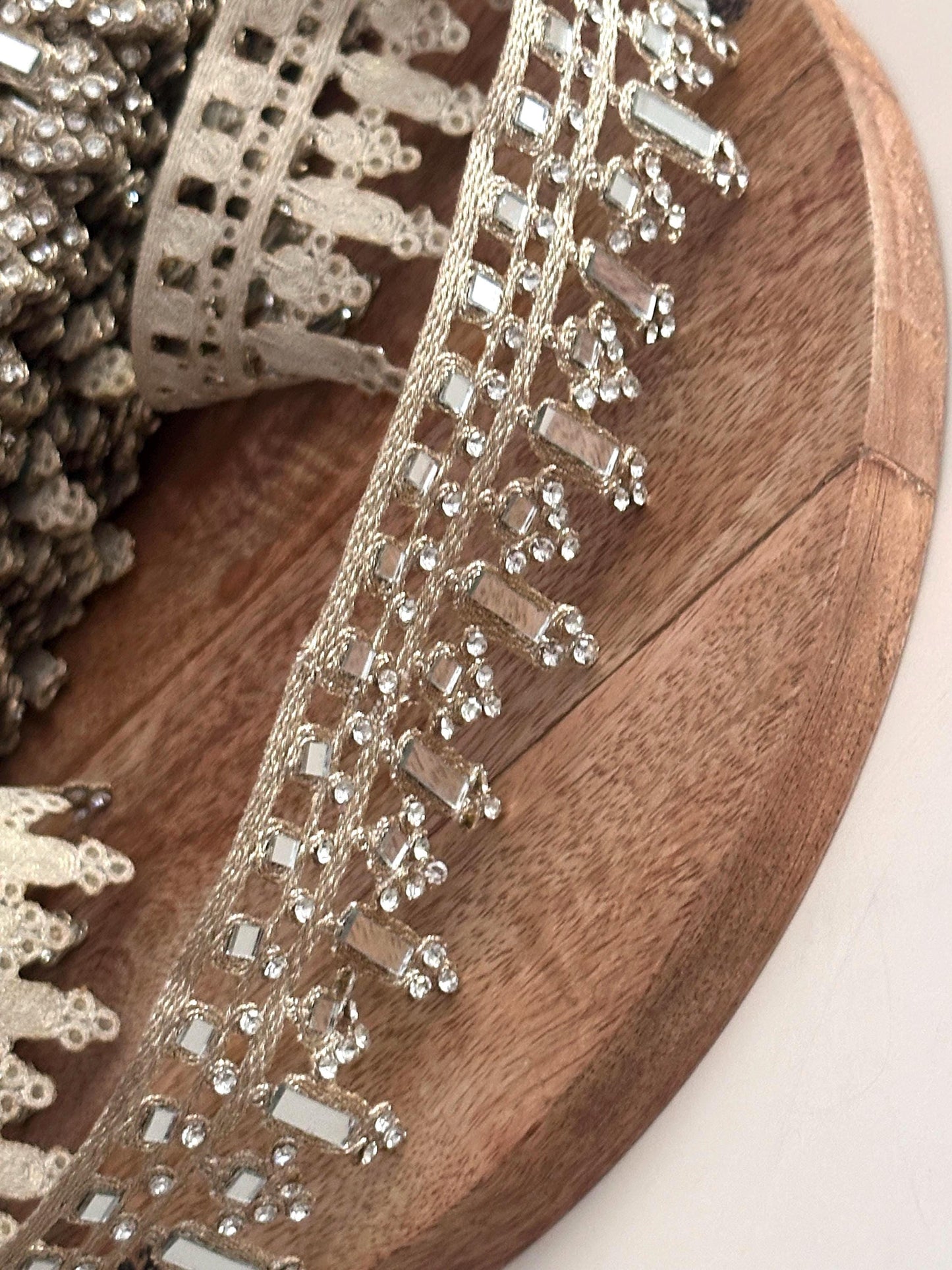 Geometric Mirrored Trim Zircon Embellished lace Border Bridal & Costume Applique