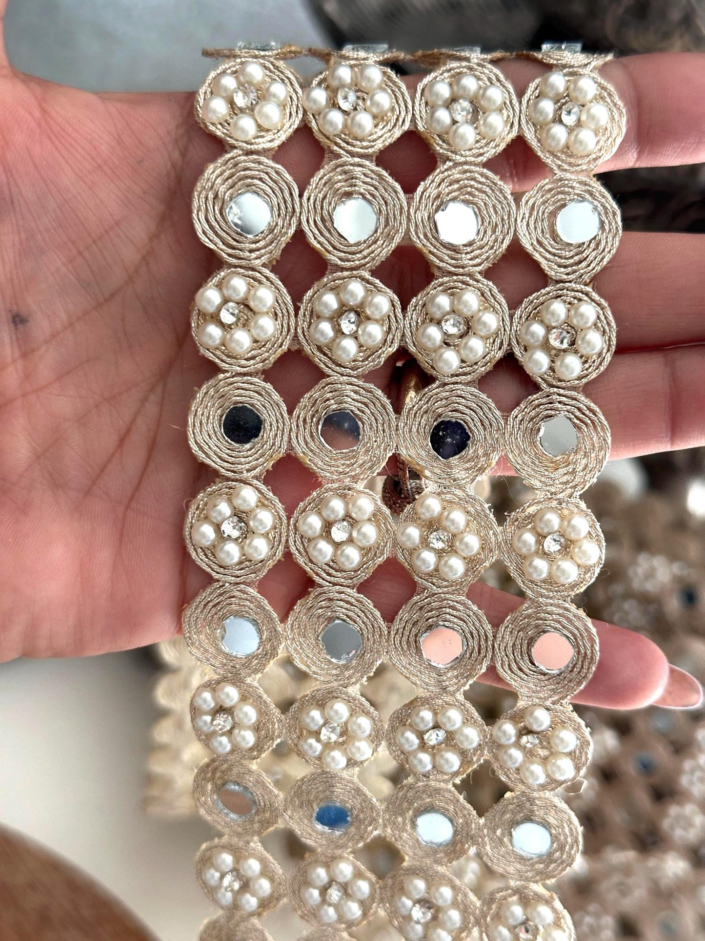 Exquisite Pearl & Mirror Work Lace Trim Handcrafted Border for Wedding Dress Costume Design