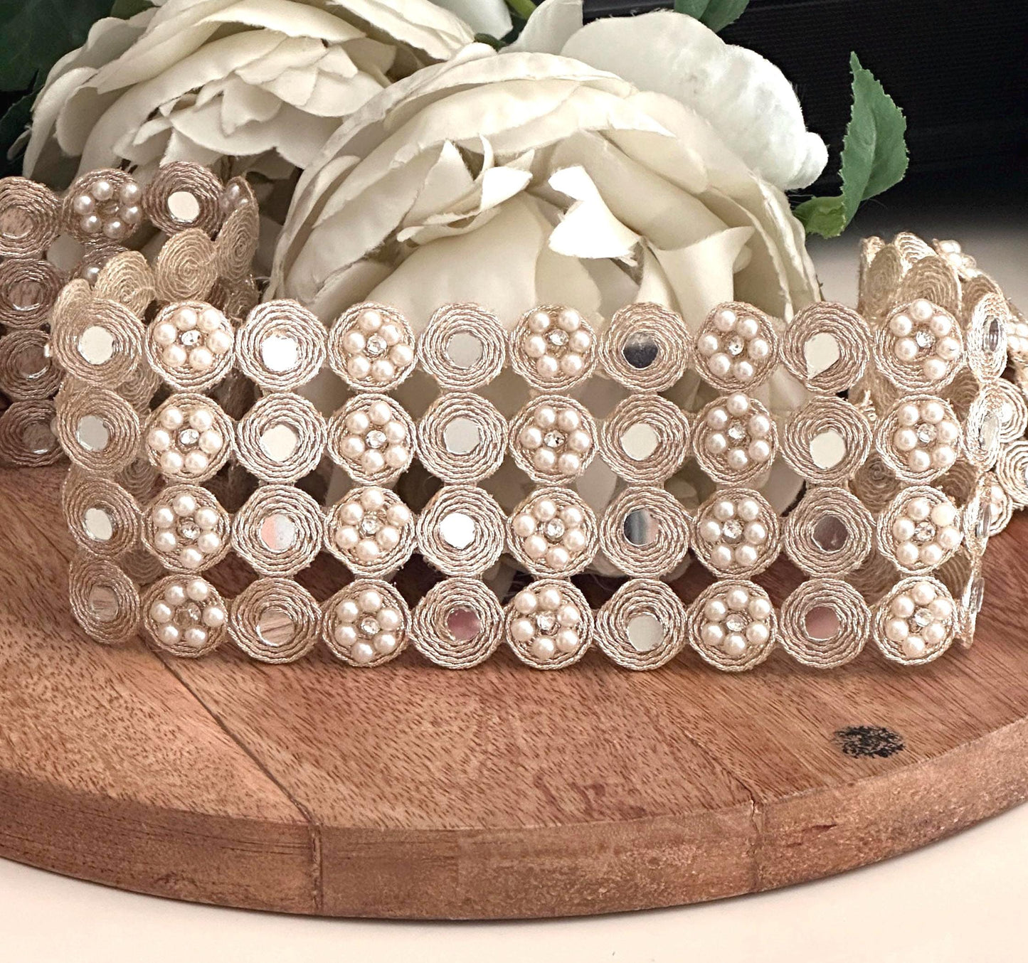 Exquisite Pearl & Mirror Work Lace Trim Handcrafted Border for Wedding Dress Costume Design