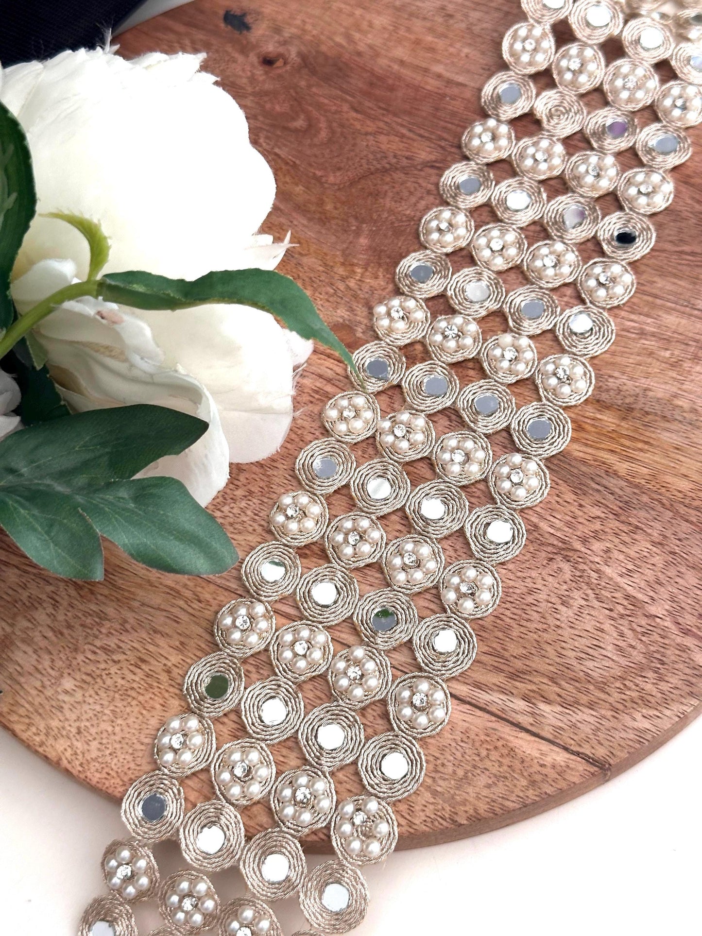 Exquisite Pearl & Mirror Work Lace Trim Handcrafted Border for Wedding Dress Costume Design