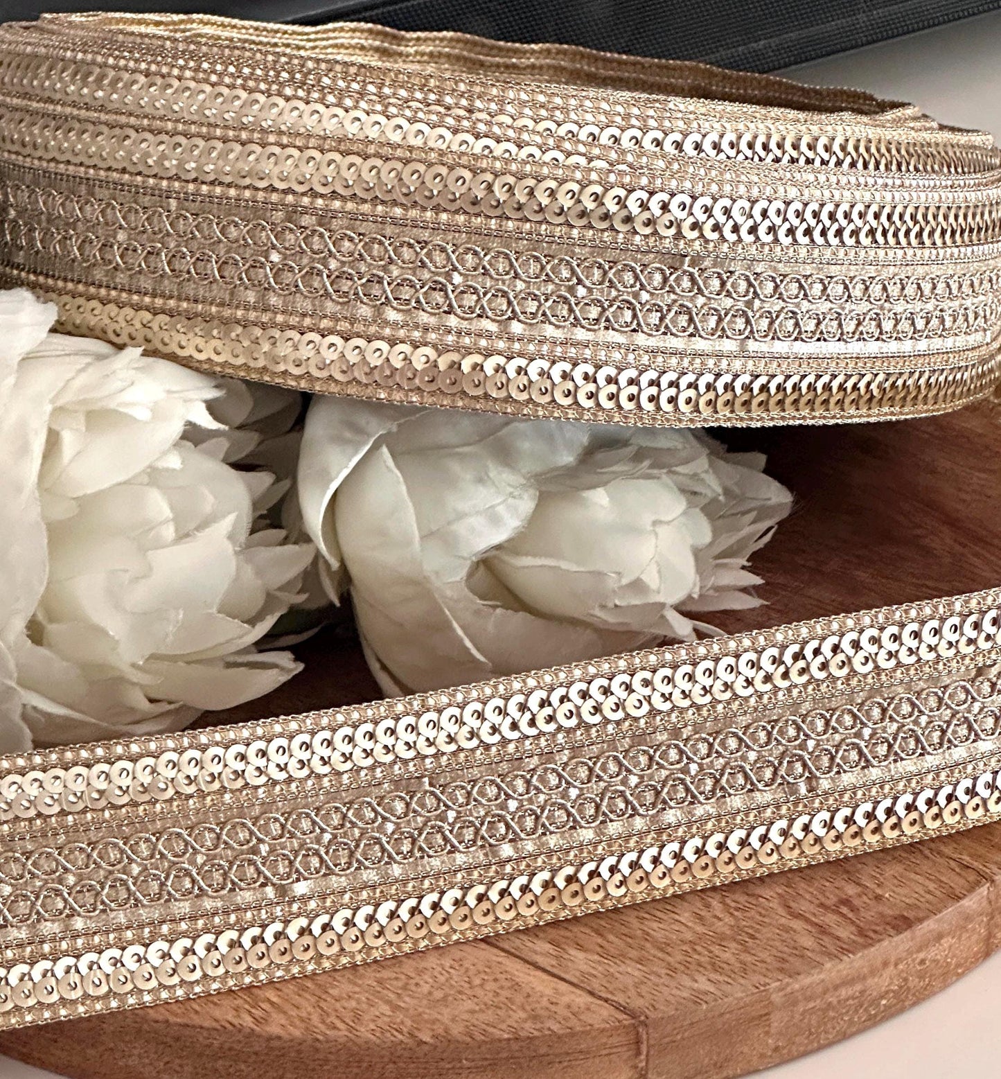 Handwoven Zari Trim Gold Sequin Lace Indian Crafting Lace In Metallic Thread for Sari Borders