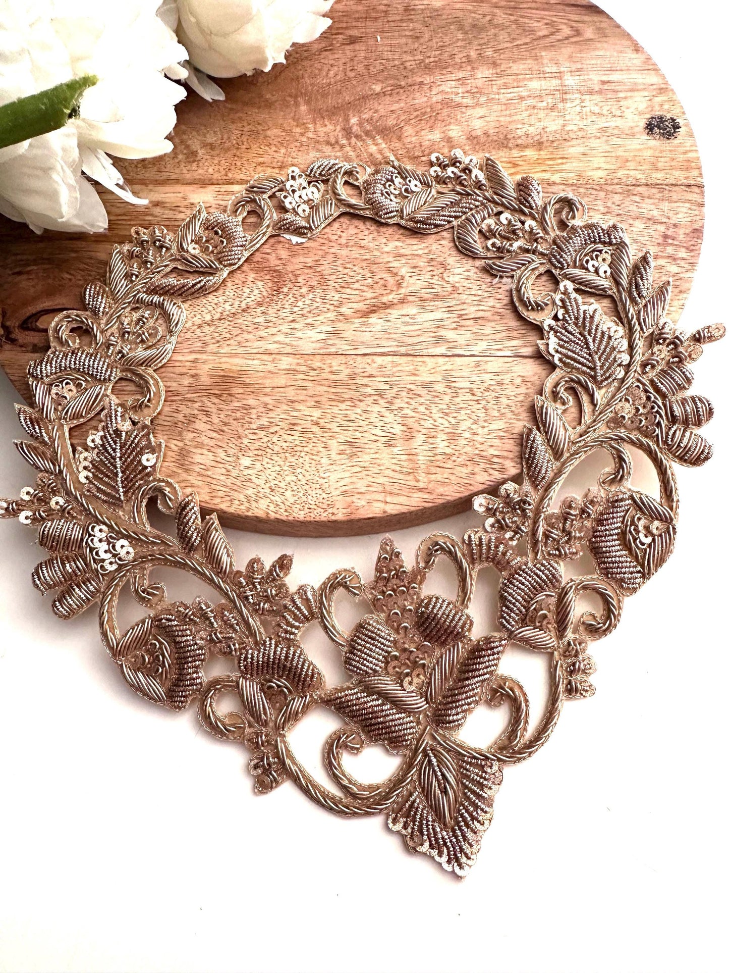 Hand Embroidered Zardozi Neck Patch Gold Applique for Necklines & Bridal Wear floral embroidery