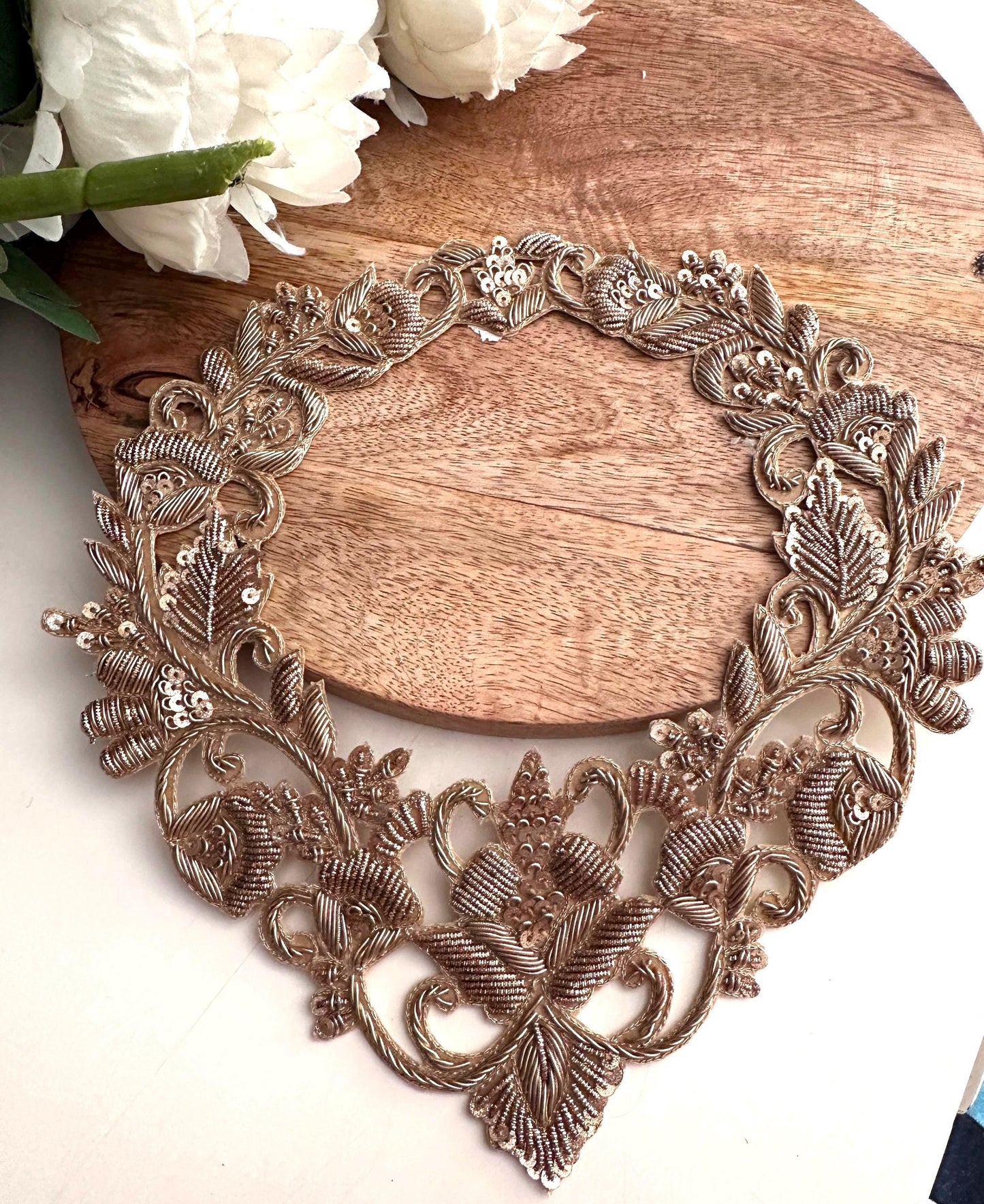 Hand Embroidered Zardozi Neck Patch Gold Applique for Necklines & Bridal Wear floral embroidery
