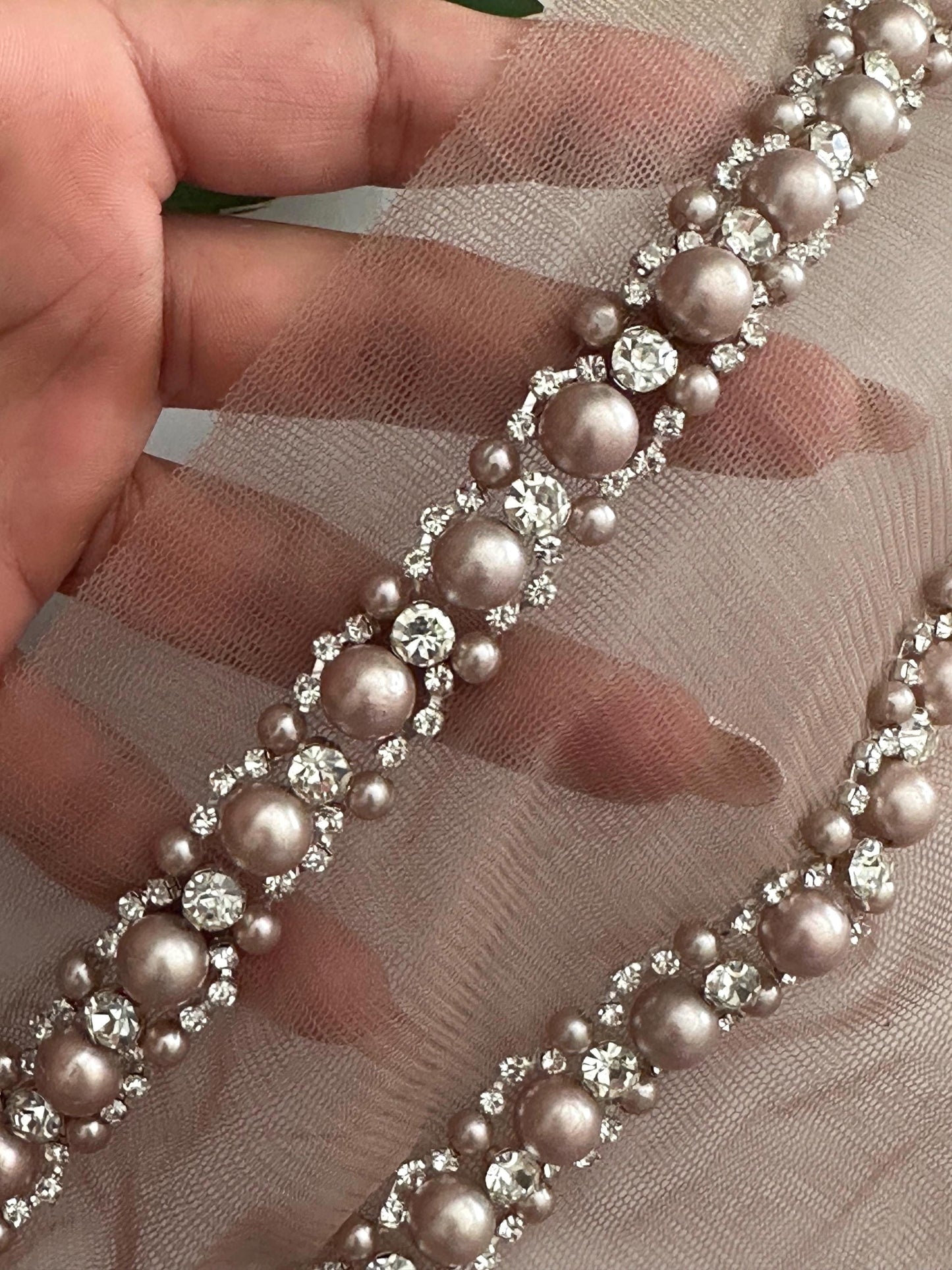 Pearl Rhinestone Bead Trim Handmade Embroidered Lace Wedding Veil