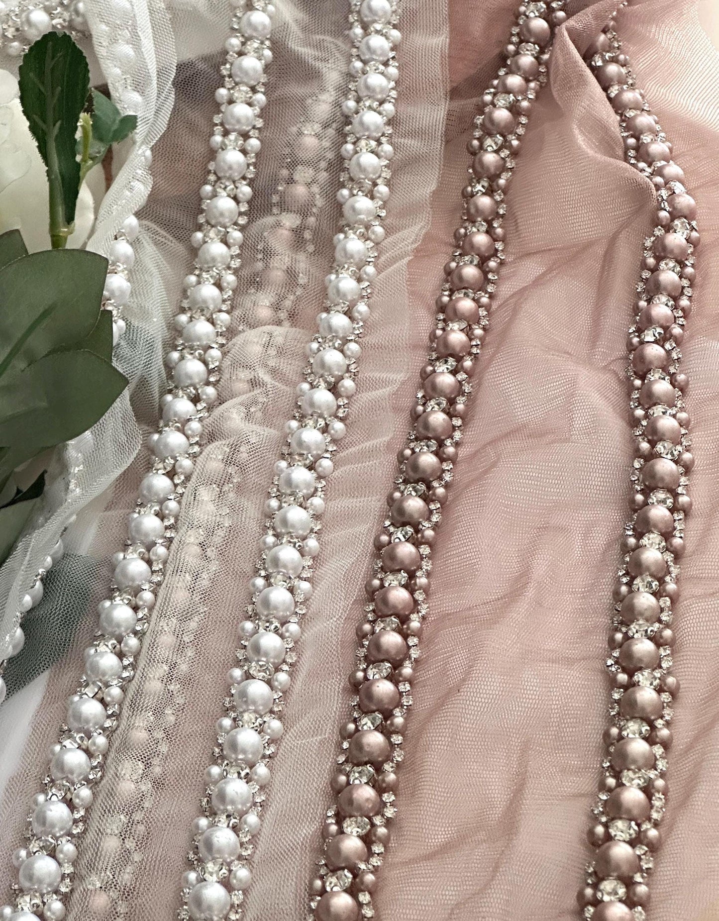 Pearl Rhinestone Bead Trim Handmade Embroidered Lace Wedding Veil
