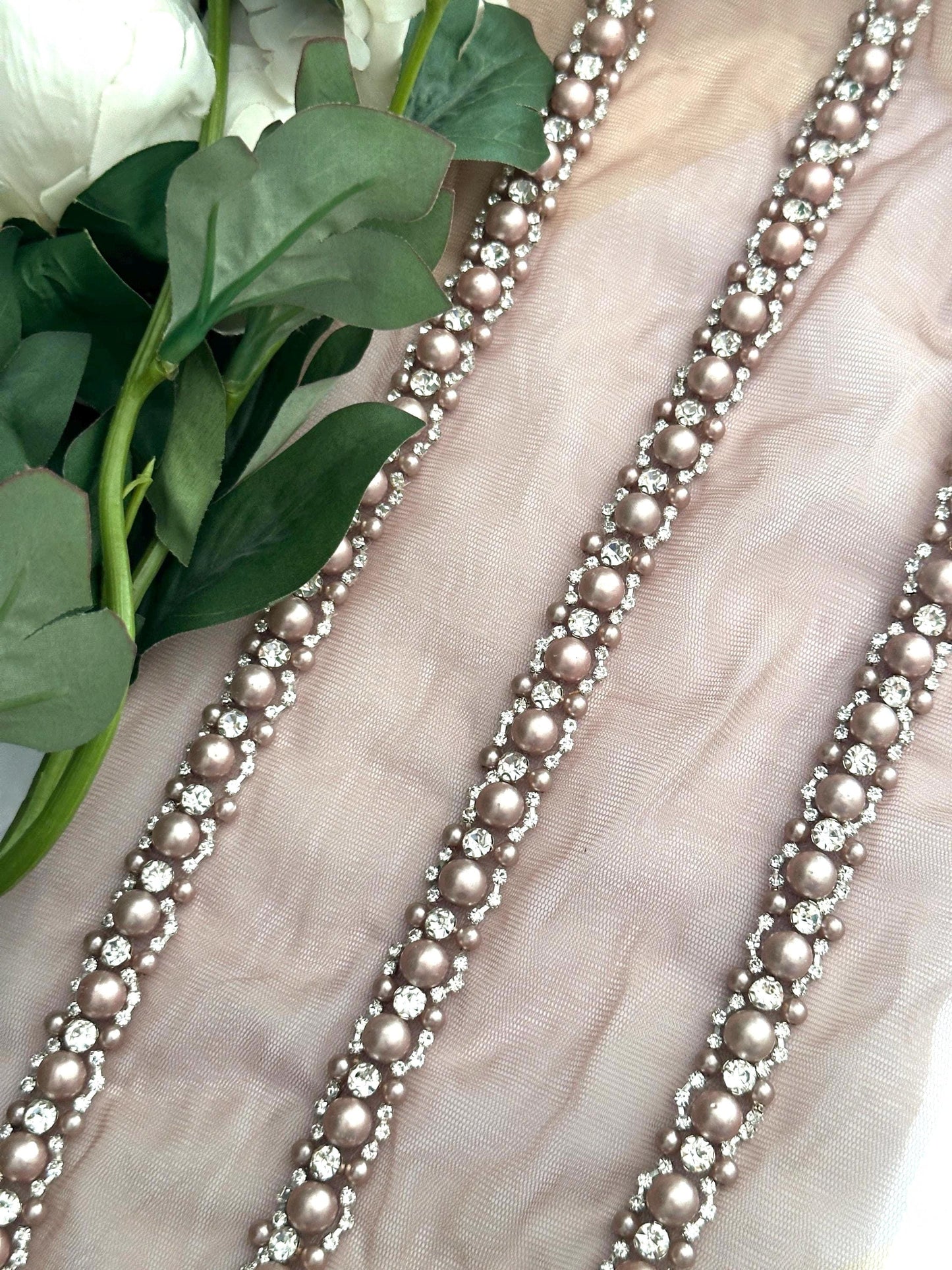Pearl Rhinestone Bead Trim Handmade Embroidered Lace Wedding Veil