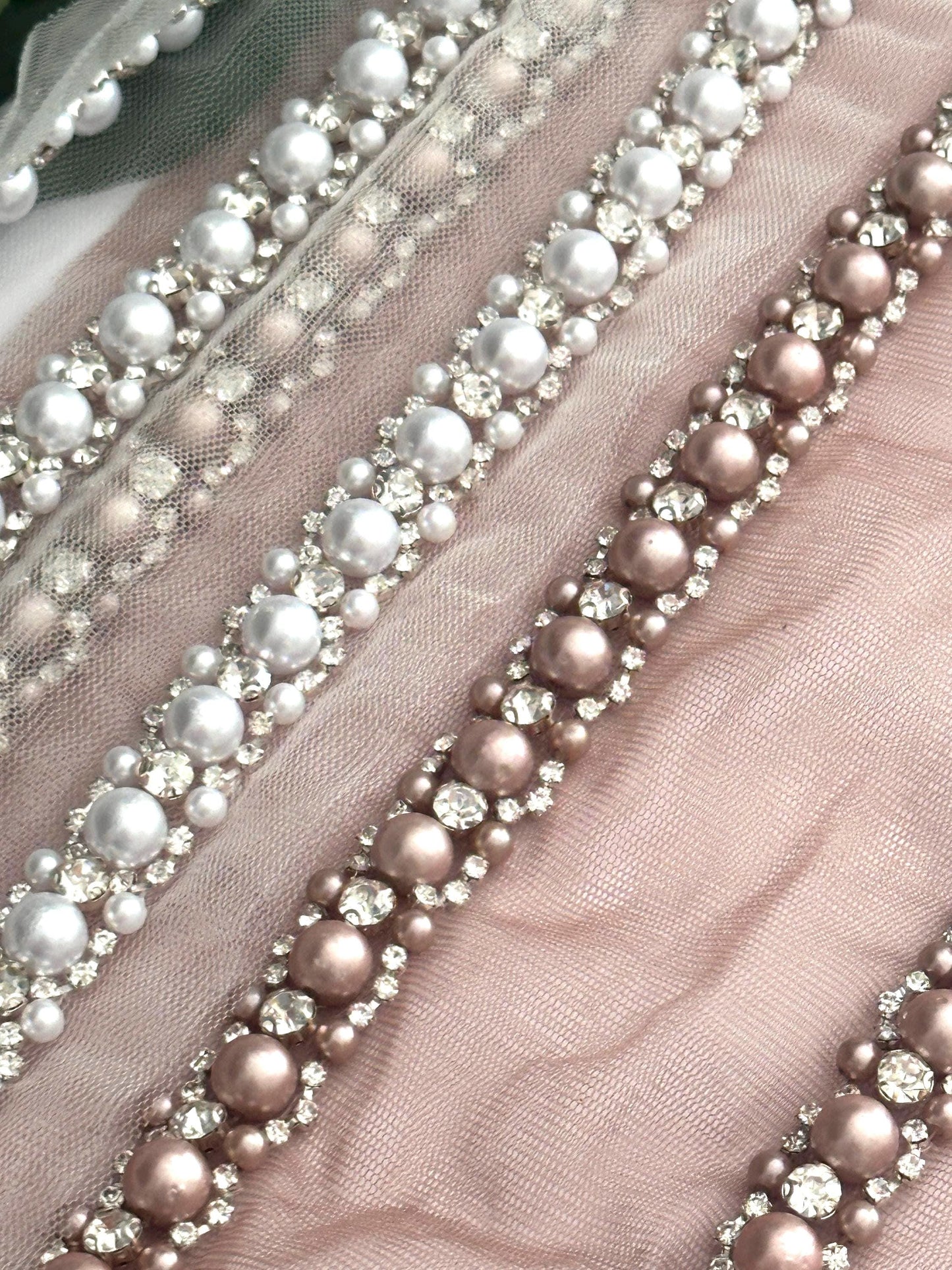 Pearl Rhinestone Bead Trim Handmade Embroidered Lace Wedding Veil